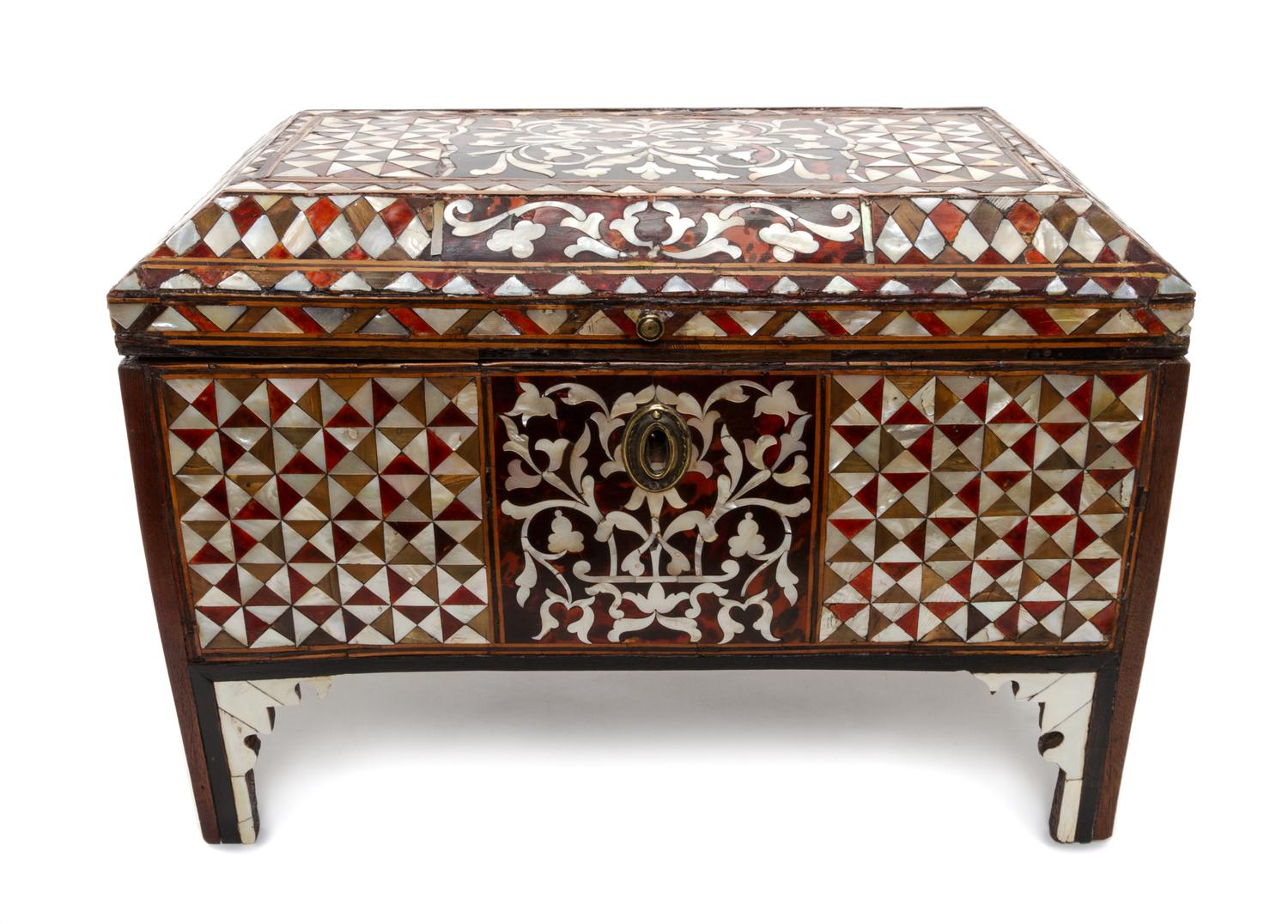 A Turkish Mother-of-Pearl Inlaid Chest, 18TH CENTURY WITH LATER ELEMENTS, Height 13 1/2 x width 19 3/8 x depth 11 1/4 inches. — 18TH CENTURY WITH LATER ELEMENTS,
