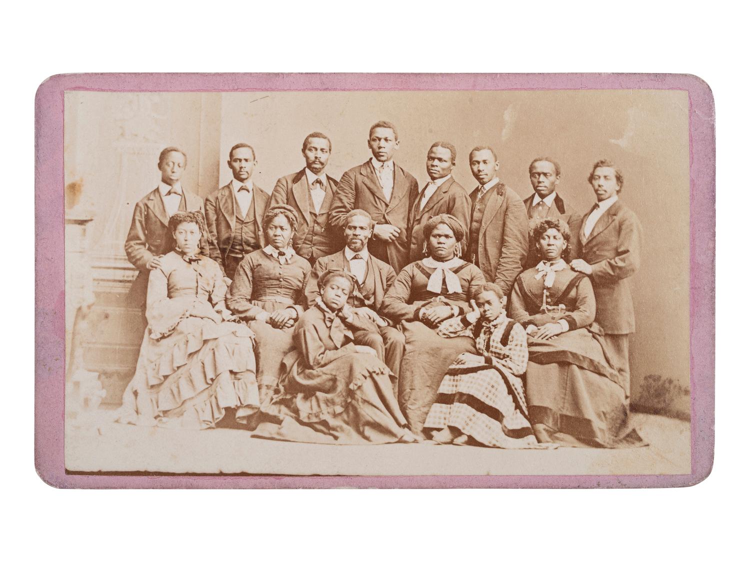 [EARLY PHOTOGRAPHY]. CDV of a large group of African Americans. Philadelphia, PA: Trask & Bacon, n.d.