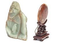 Two Chinese Carved Celadon and Russet Jade Articles, Ming-Qing Dynasty 明-清 青玉山子及仿古佩