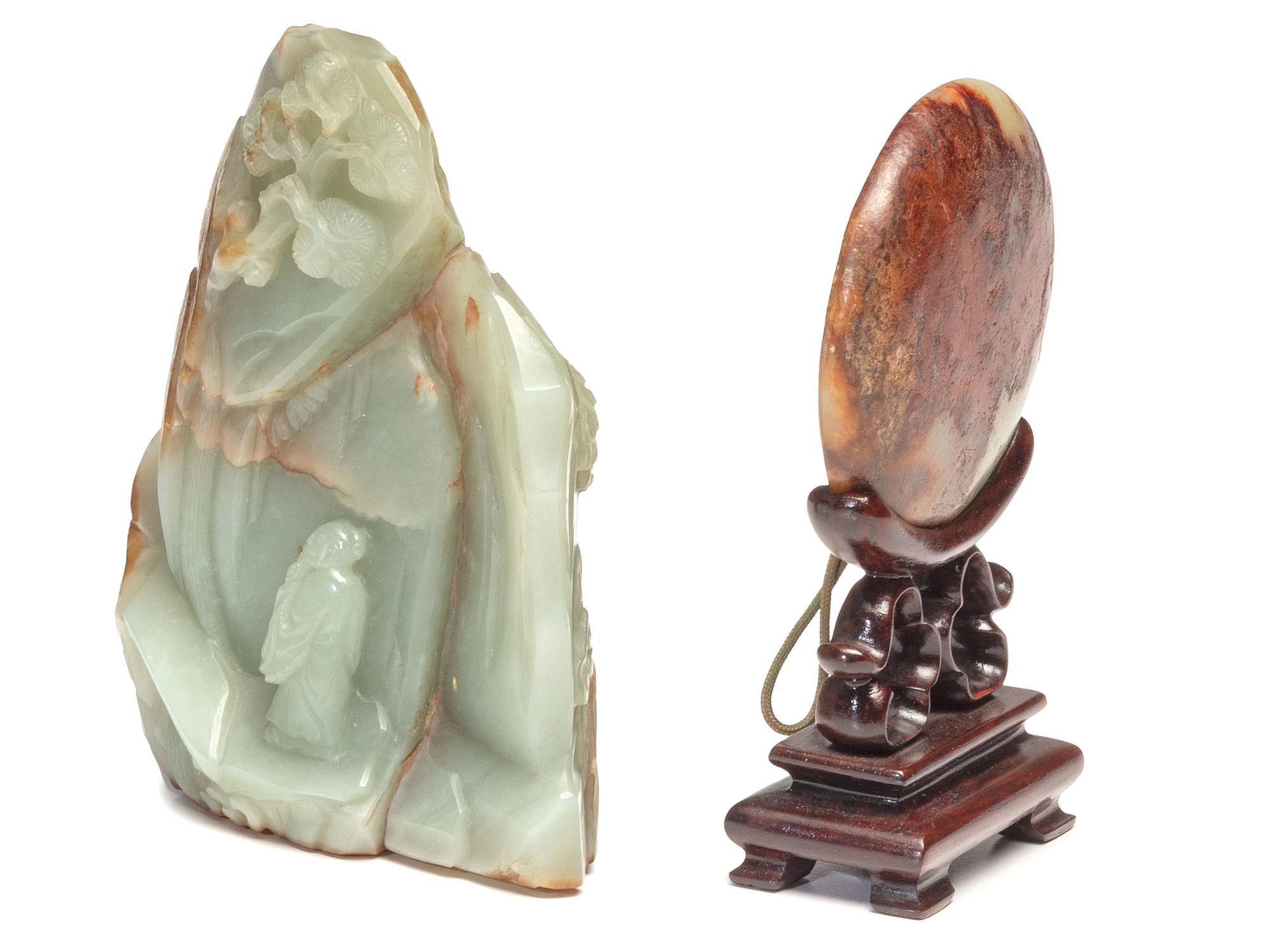 Two Chinese Carved Celadon and Russet Jade Articles, Ming-Qing Dynasty 明-清 青玉山子及仿古佩