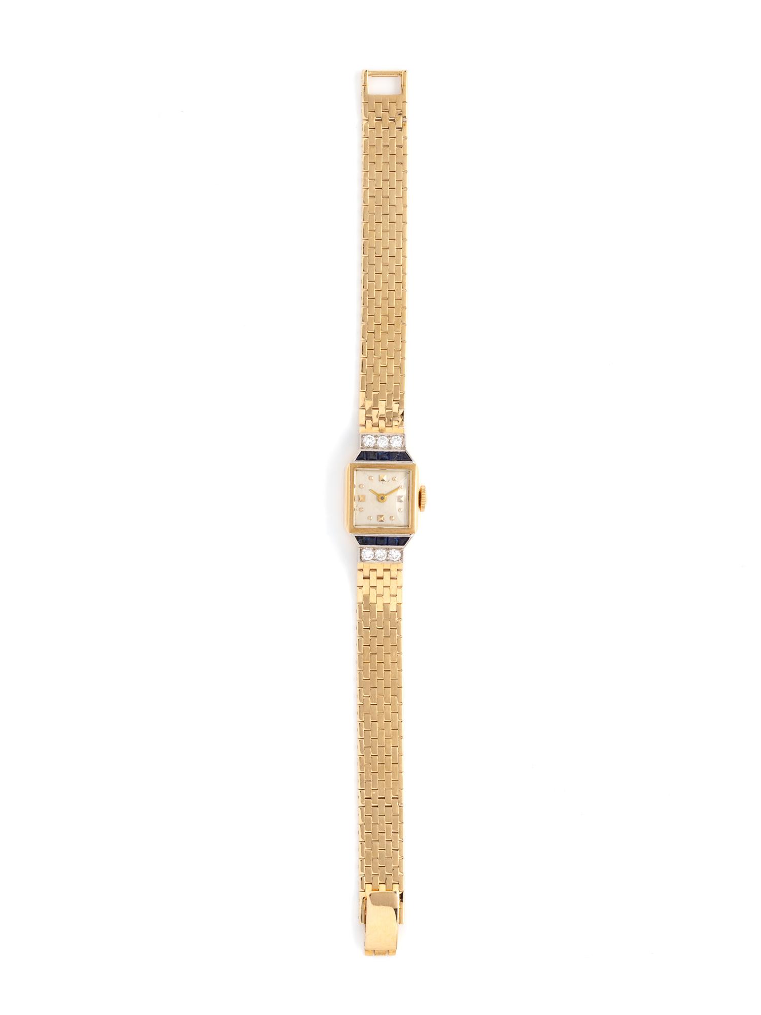 14K YELLOW GOLD, SYNTHETIC SAPPHIRE AND DIAMOND WRISTWATCH