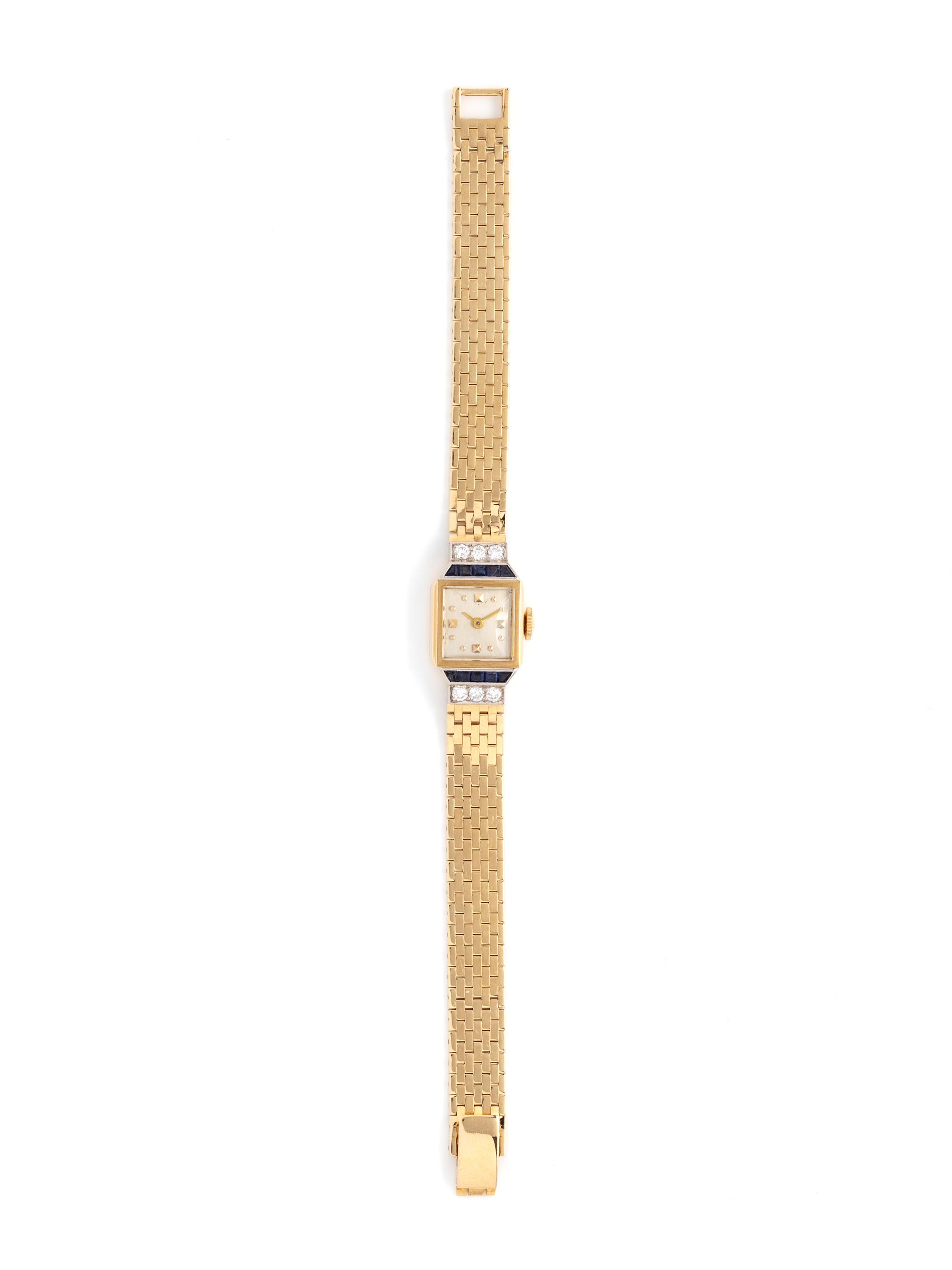 14K YELLOW GOLD, SYNTHETIC SAPPHIRE AND DIAMOND WRISTWATCH
