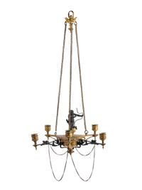 A Neoclassical Gilt and Patinated Bronze Six-Light Chandelier
