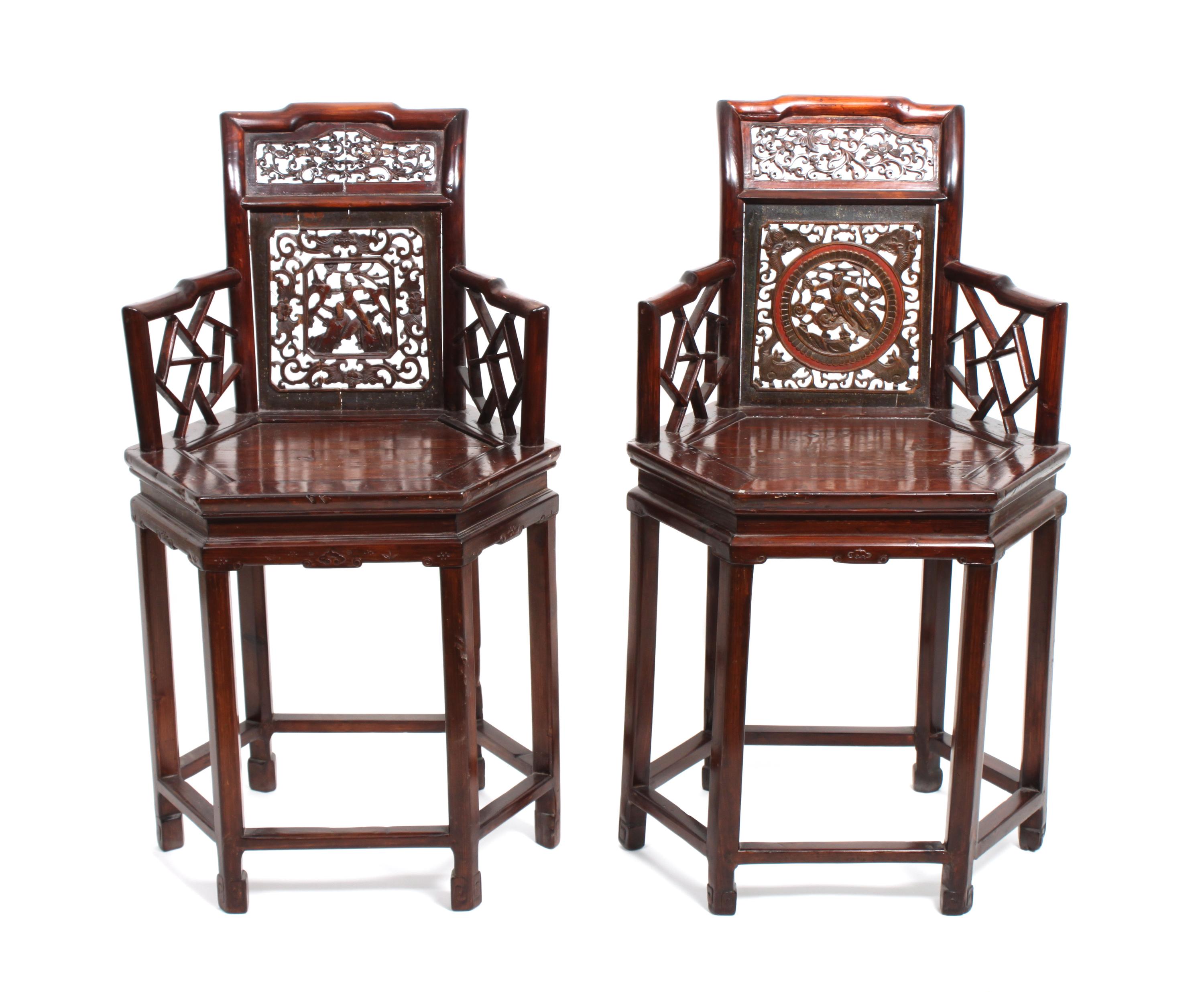 A Pair of Chinese Rosewood Octagonal Chairs Height 36 inches