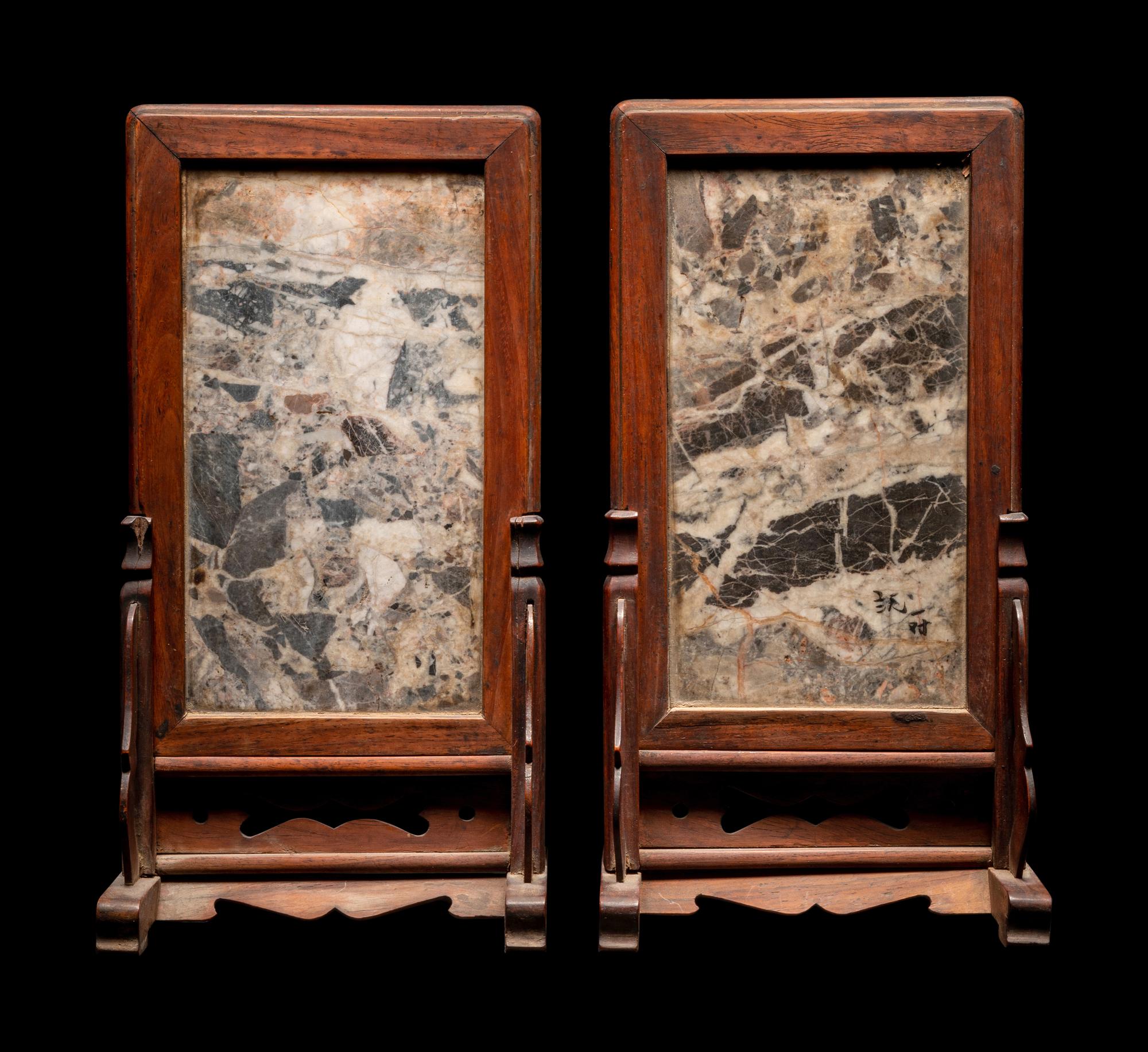 A Pair of Chinese Marble Inset Hardwood Table Screens