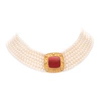 CULTURED PEARL, YELLOW GOLD AND CORAL NECKLACE