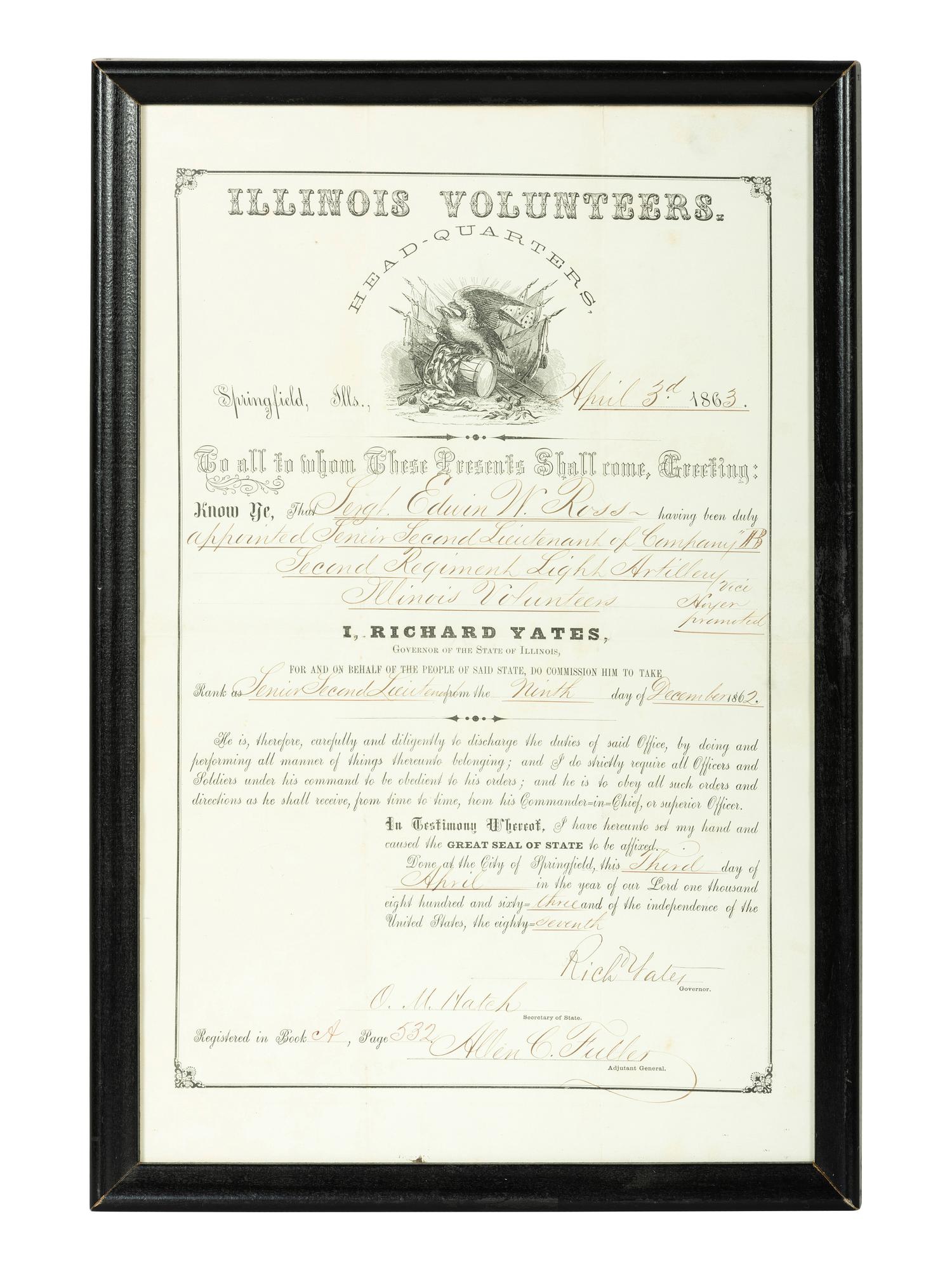 [CIVIL WAR]. Illinois Volunteers appointment for Sergeant Edwin W. Ross, Battery B, Illinois 2nd Light Artillery.