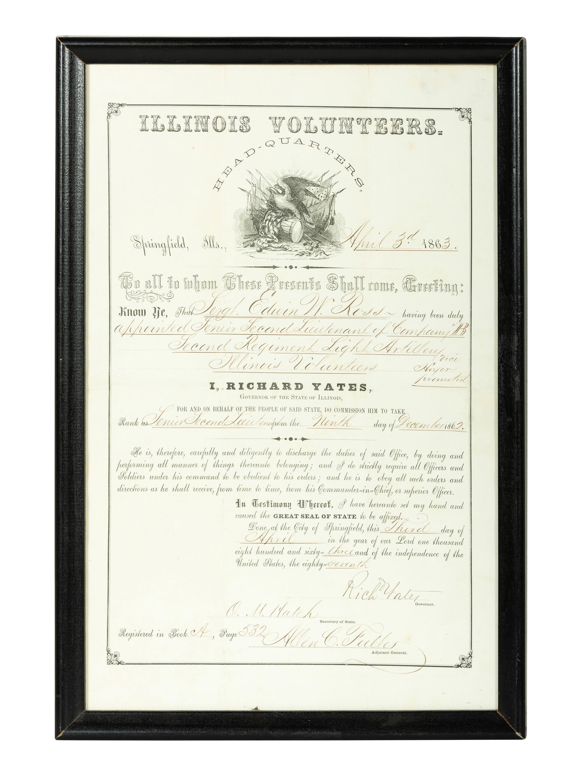 [CIVIL WAR]. Illinois Volunteers appointment for Sergeant Edwin W. Ross, Battery B, Illinois 2nd Light Artillery.
