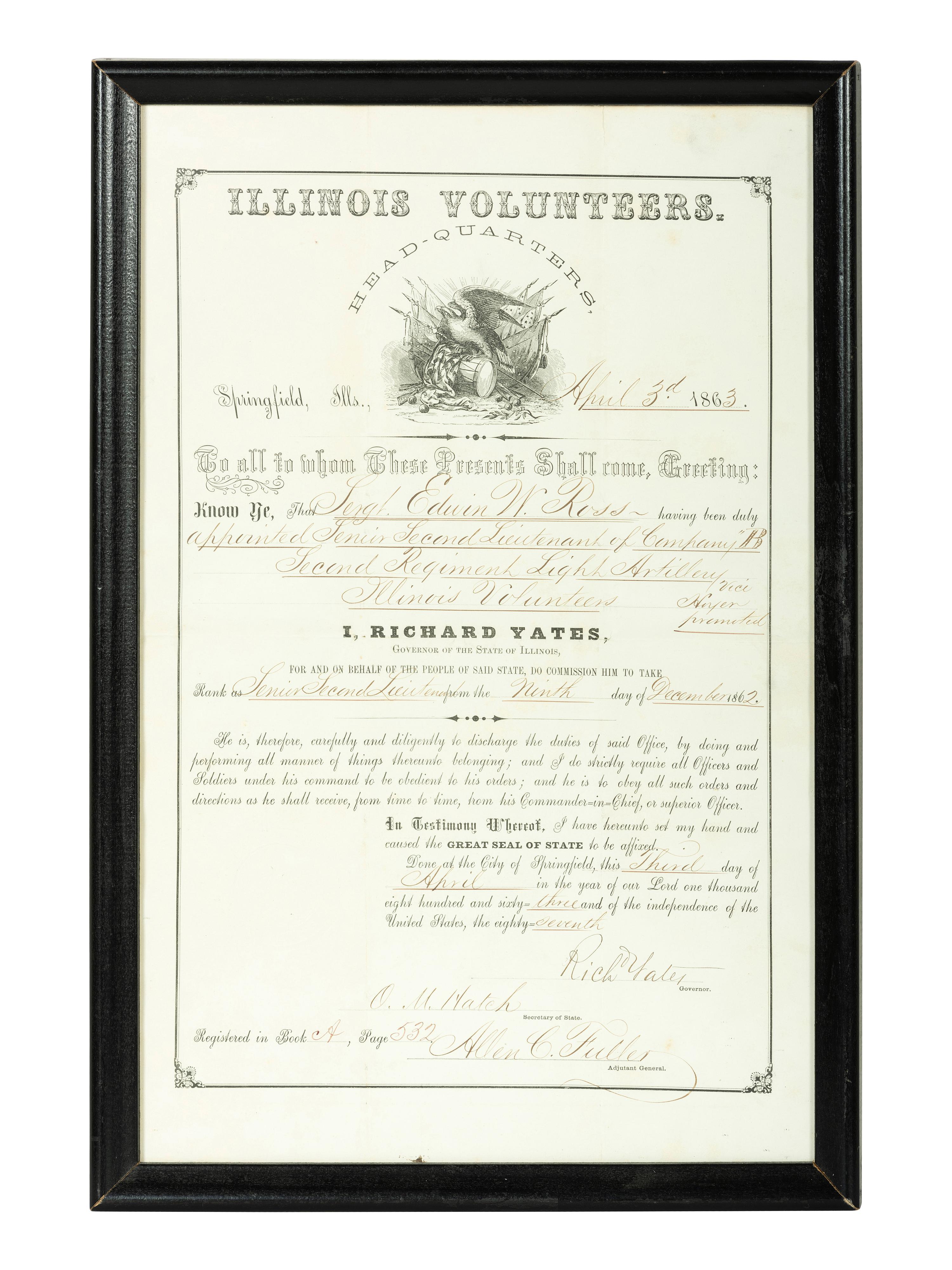 [CIVIL WAR]. Illinois Volunteers appointment for Sergeant Edwin W. Ross, Battery B, Illinois 2nd Light Artillery.