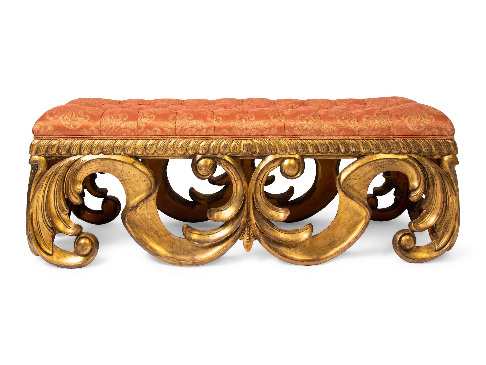 A Pair of Italian Rococo Style Giltwood Benches