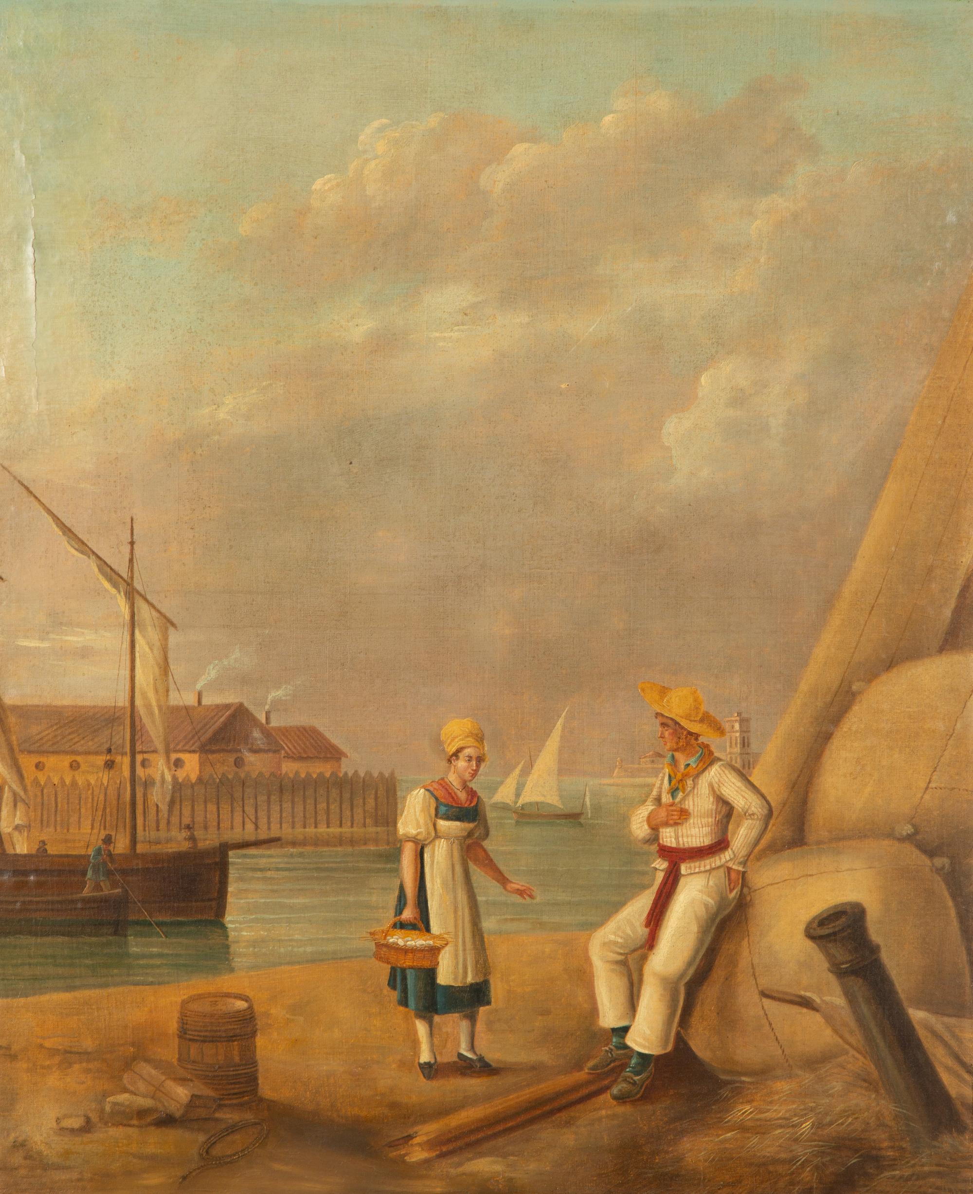 A Continental Gilt Framed Trumeau Mirror with an Oil on Canvas Panel — 19th Century