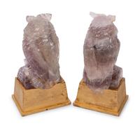 A Pair of Carved Amethyst Owls with Carved Wood Bases