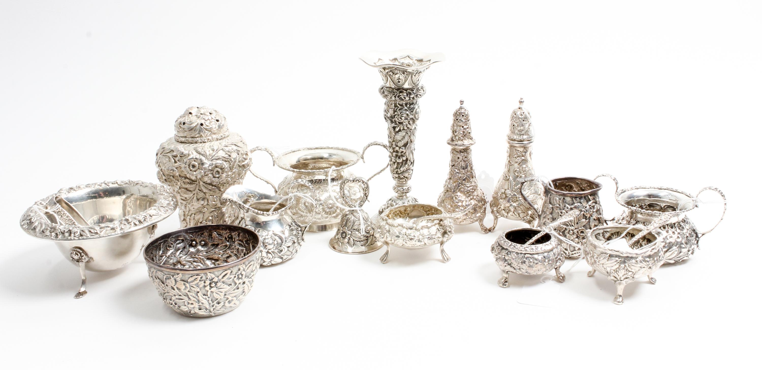 A Collection of American Silver Table Articles, various makers, comprising three salts, two casters, two creamers, two twin-handled sug
