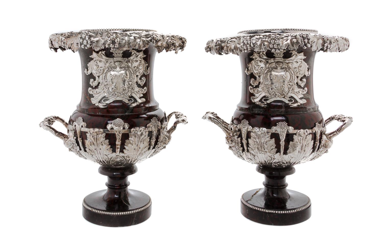 A Pair of English Silver Mounted Marble Vases Height 12 1/2 inches. — CIRCA 1830