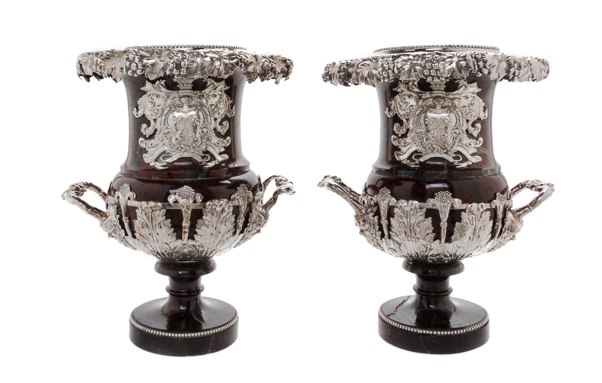 A Pair of English Silver Mounted Marble Vases Height 12 1/2 inches. — CIRCA 1830