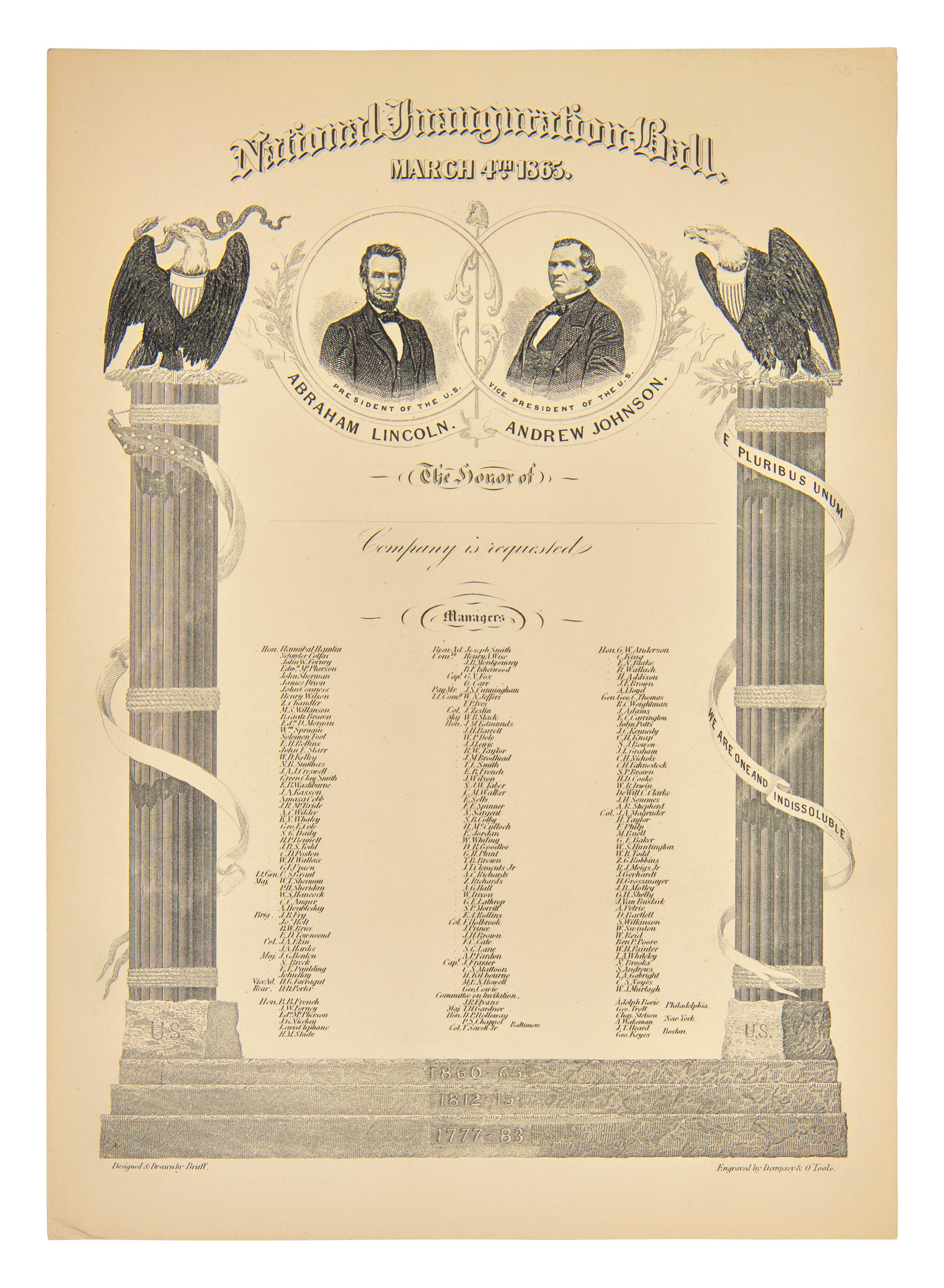 [Presidential] [Lincoln, Abraham] National Inauguration Ball Invitation, March 4, 1865