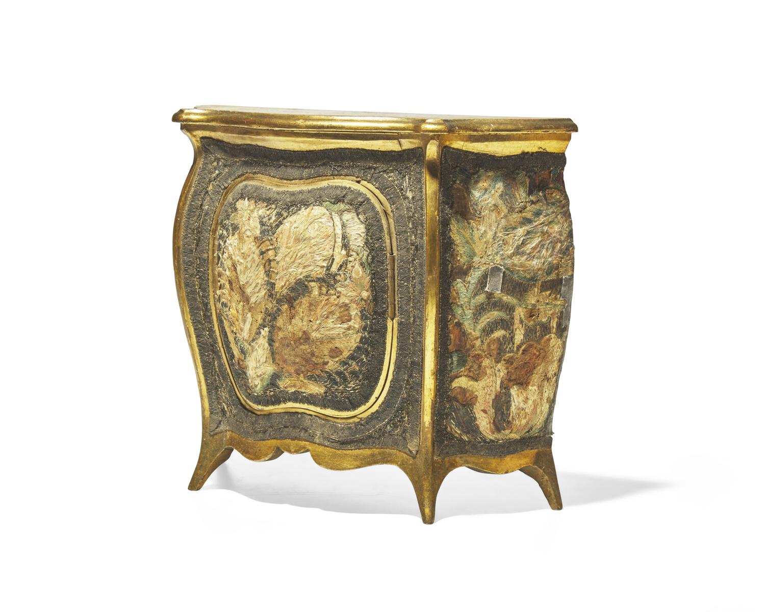 A miniature Continental giltwood and featherwork-mounted bombé commode, 18th / 19th century