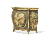 A miniature Continental giltwood and featherwork-mounted bombé commode, 18th / 19th century
