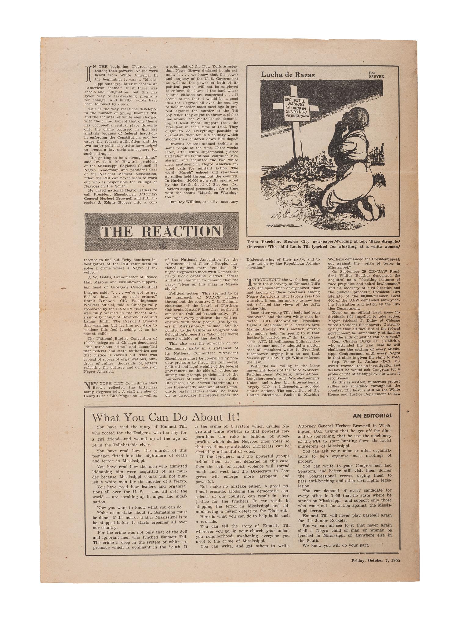[TILL, Emmett (1941-1955)]. Murder in Mississippi. [San Francisco]: [ Daily People's World ], 1955. Special broadside offprint.