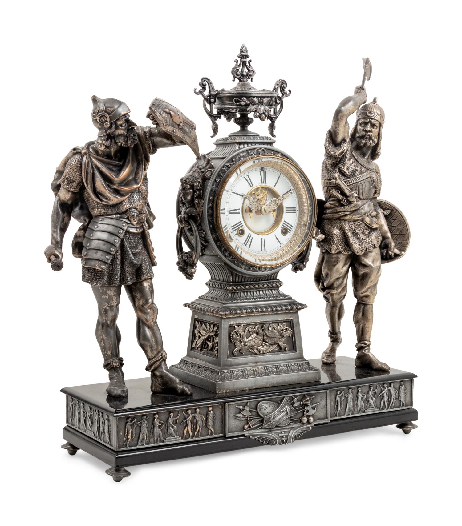 An Ansonia Combatants Patinated Metal Mantel Clock
