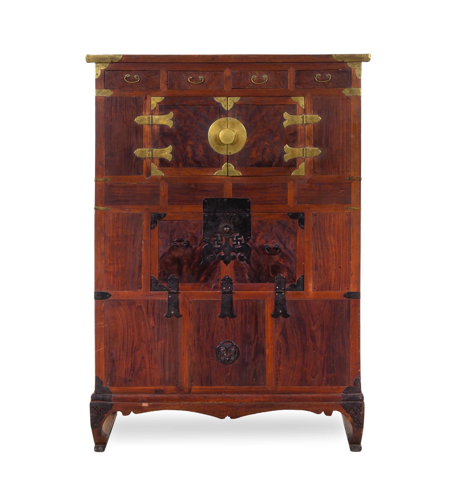 A Korean Brass and Iron Mounted Burlwood Marriage Chest