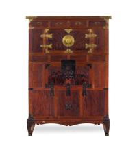 A Korean Brass and Iron Mounted Burlwood Marriage Chest