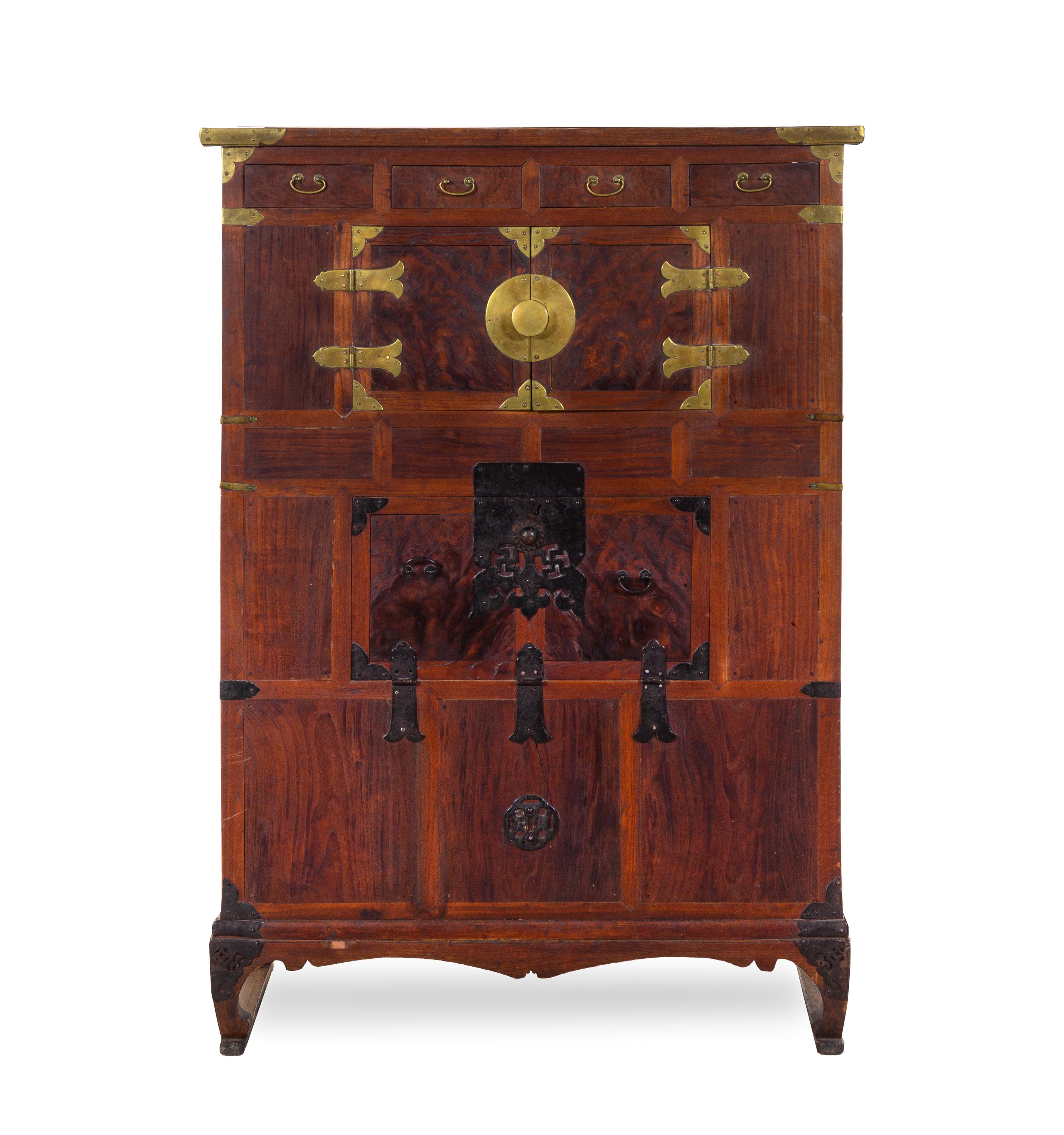 A Korean Brass and Iron Mounted Burlwood Marriage Chest