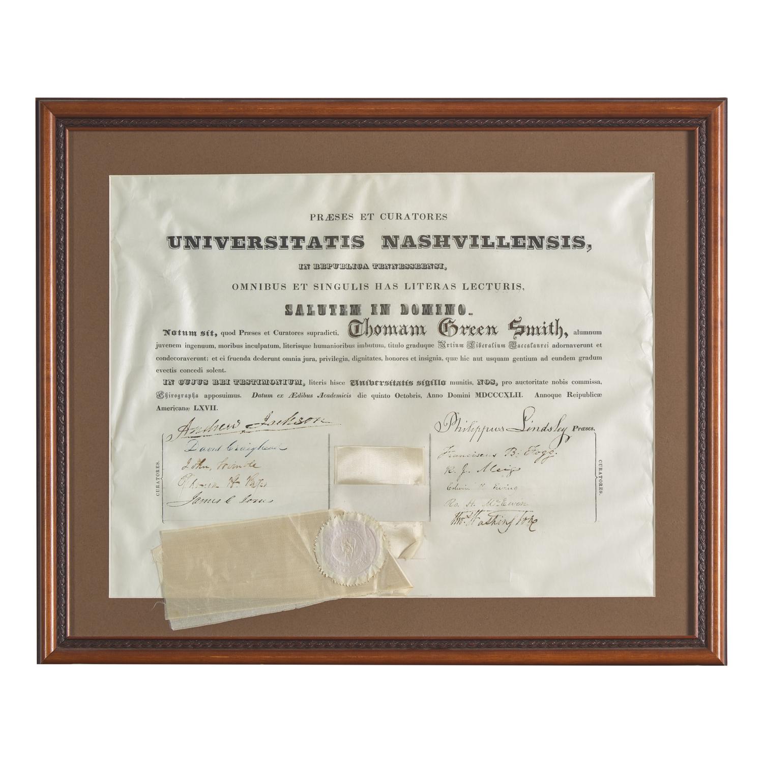 [Presidential] Jackson, Andrew. Signed University of Nashville Diploma