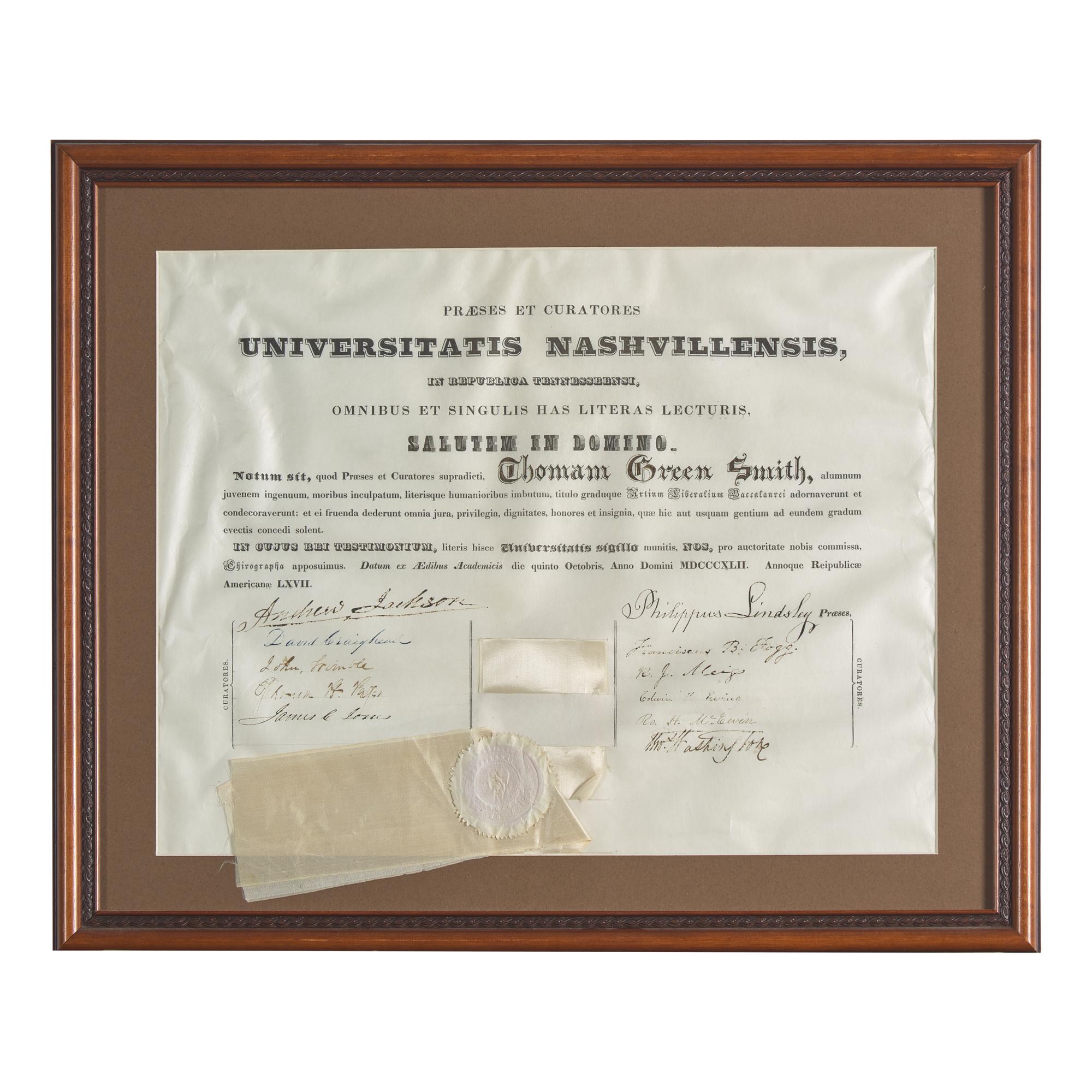 [Presidential] Jackson, Andrew. Signed University of Nashville Diploma