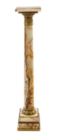 A Continental Gilt Metal Mounted Beige Marble Pedestal, Height 46 x width 9 1/4 x depth 9 1/4 inches.