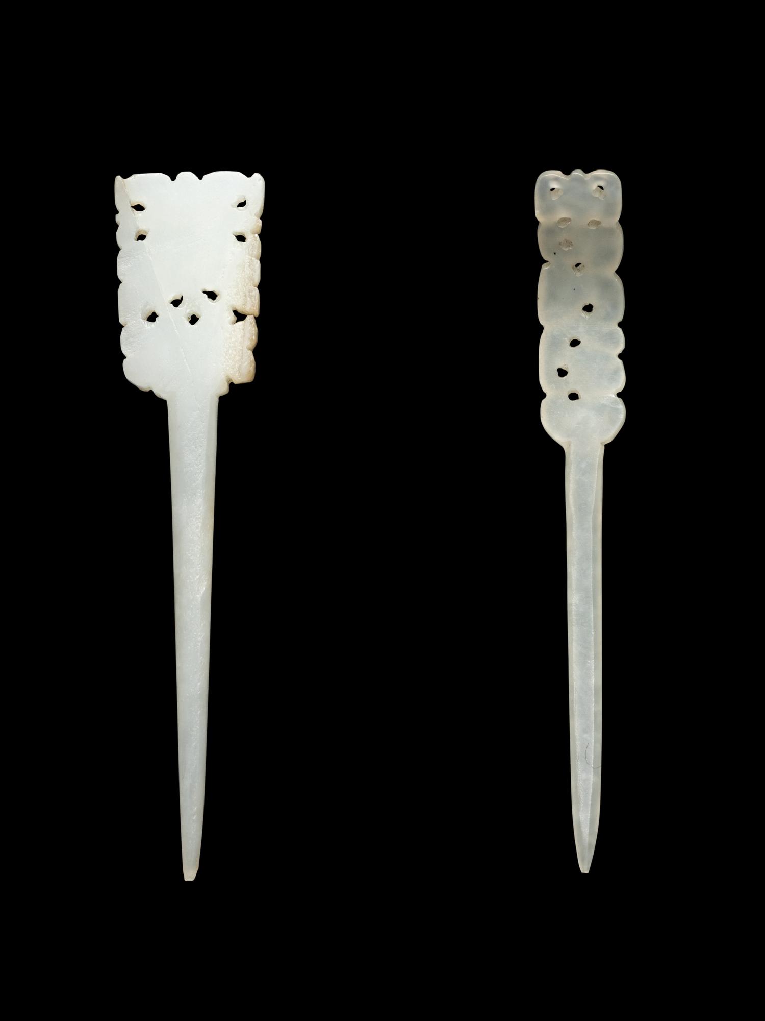 Two Reticulated White Jade Hairpins