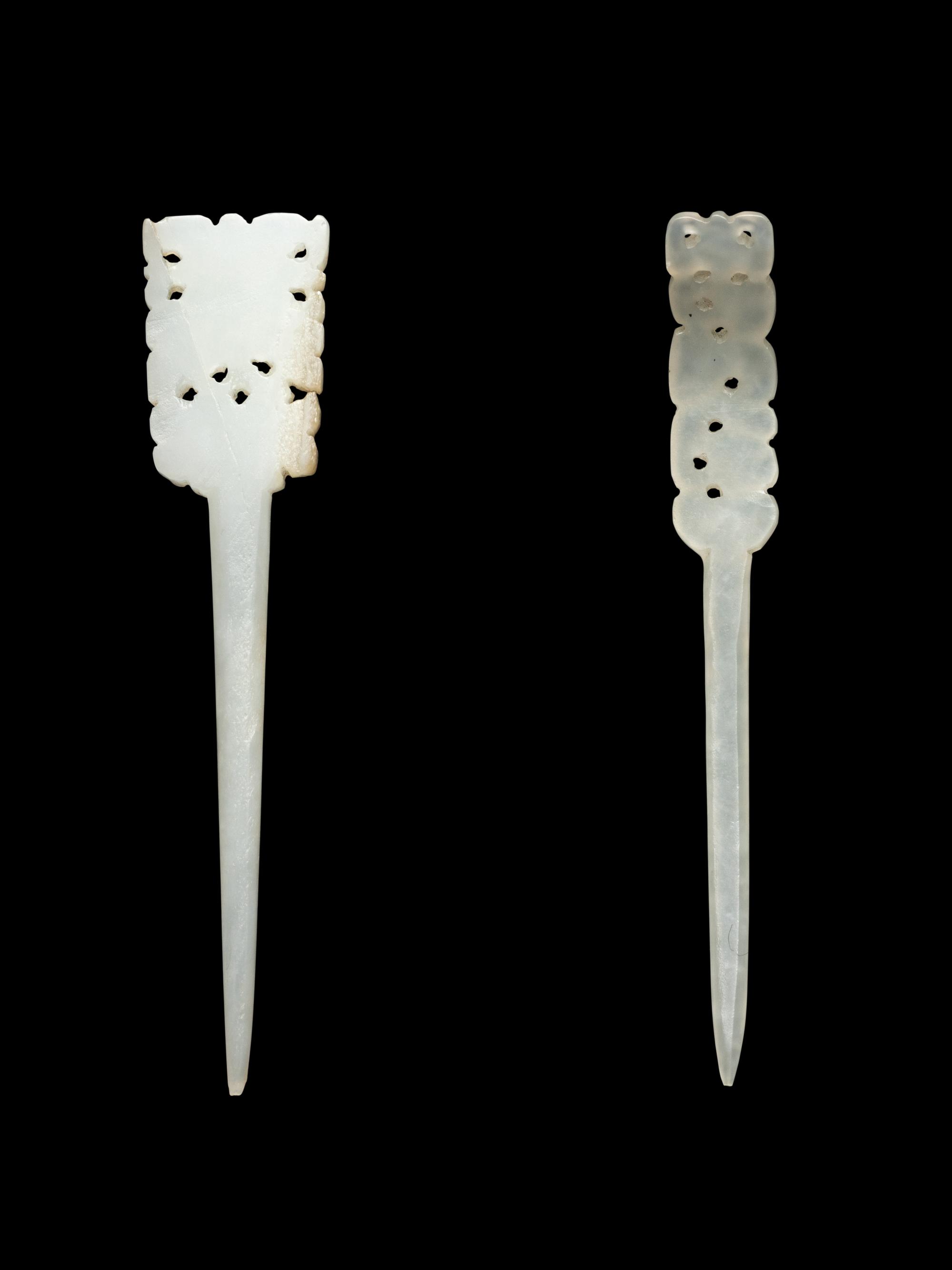 Two Reticulated White Jade Hairpins