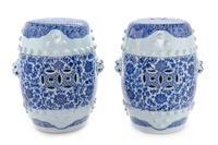 A Pair of Blue and White Porcelain Garden Stools Height 20 x diameter 7 inches.
