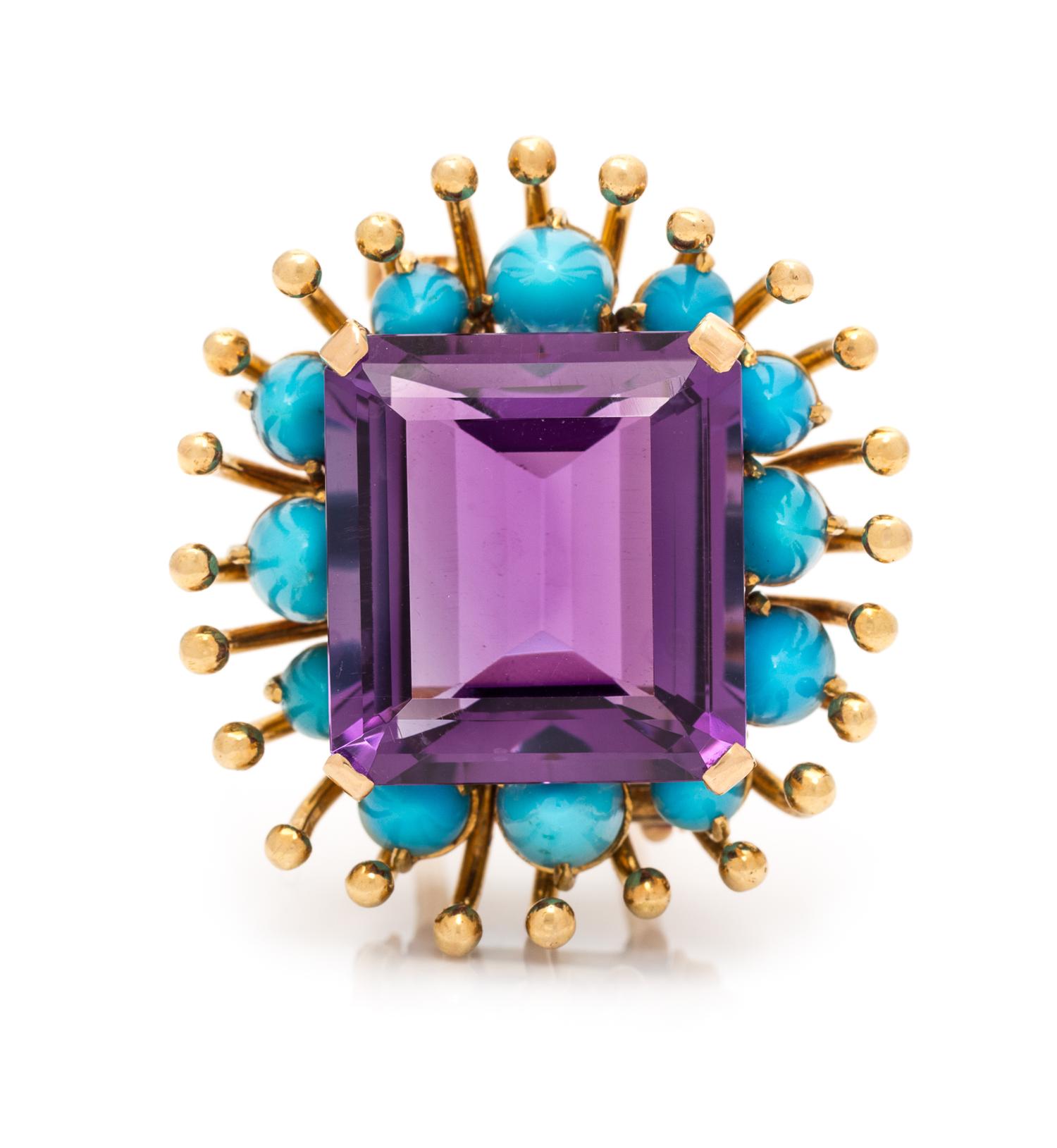 An 18 Karat Yellow Gold, Amethyst and Turquoise Brooch, Verdura, Paris, Circa 1945, 8.00 dwts.