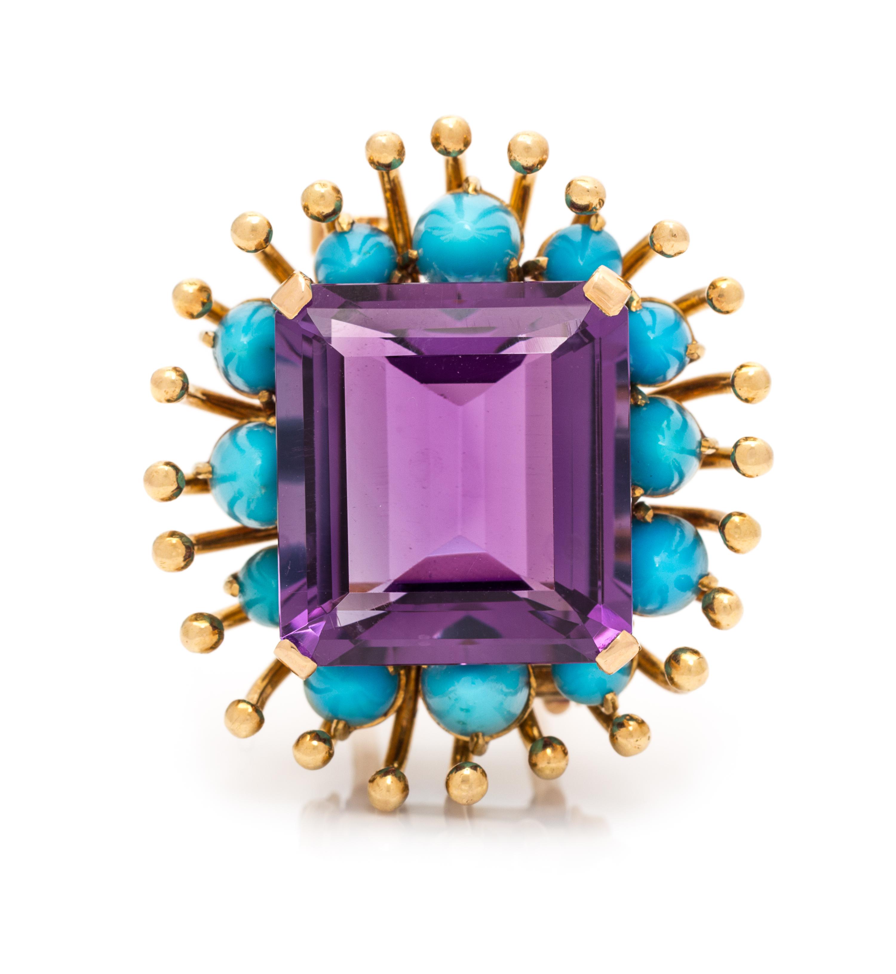 An 18 Karat Yellow Gold, Amethyst and Turquoise Brooch, Verdura, Paris, Circa 1945, 8.00 dwts.