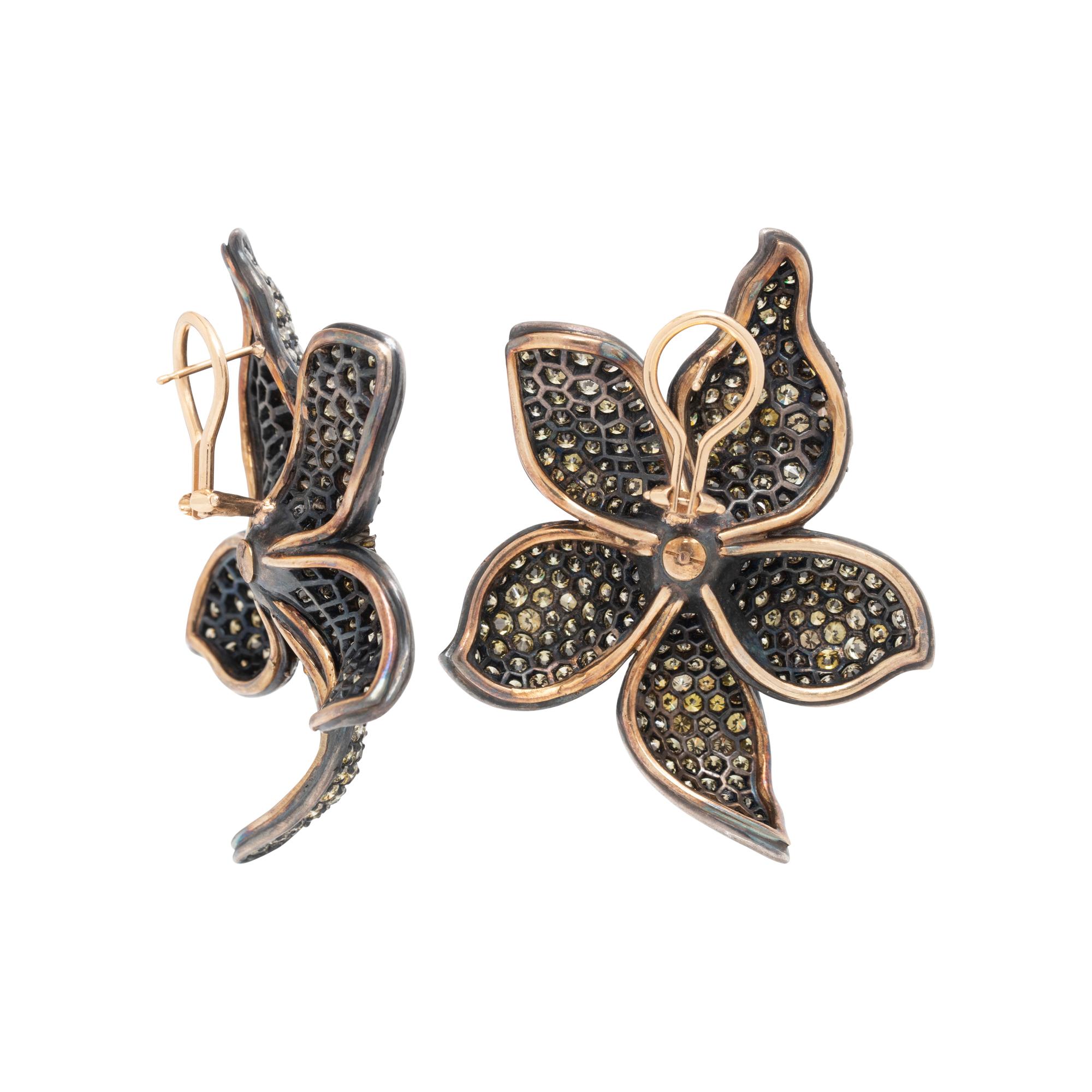 SILVER-TOPPED GOLD, DIAMOND AND COLORED DIAMOND FLOWER EARCLIPS