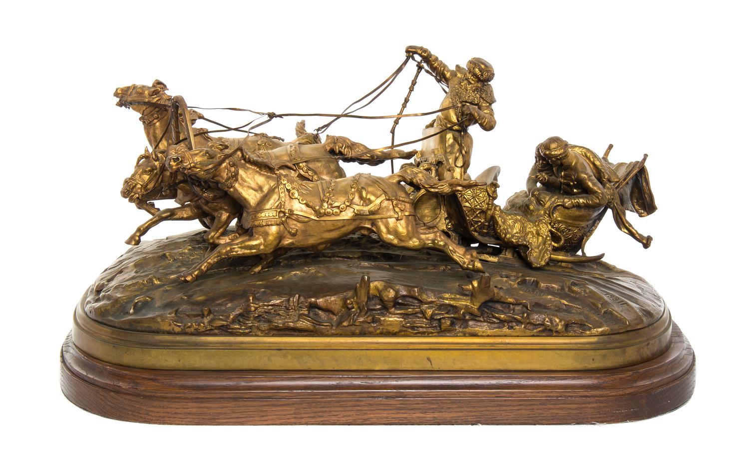 A Russian Gilt Bronze Figural Group, after Evgeny Aleksandrovich Lanceray, (1848-1886), Width 22 inches.