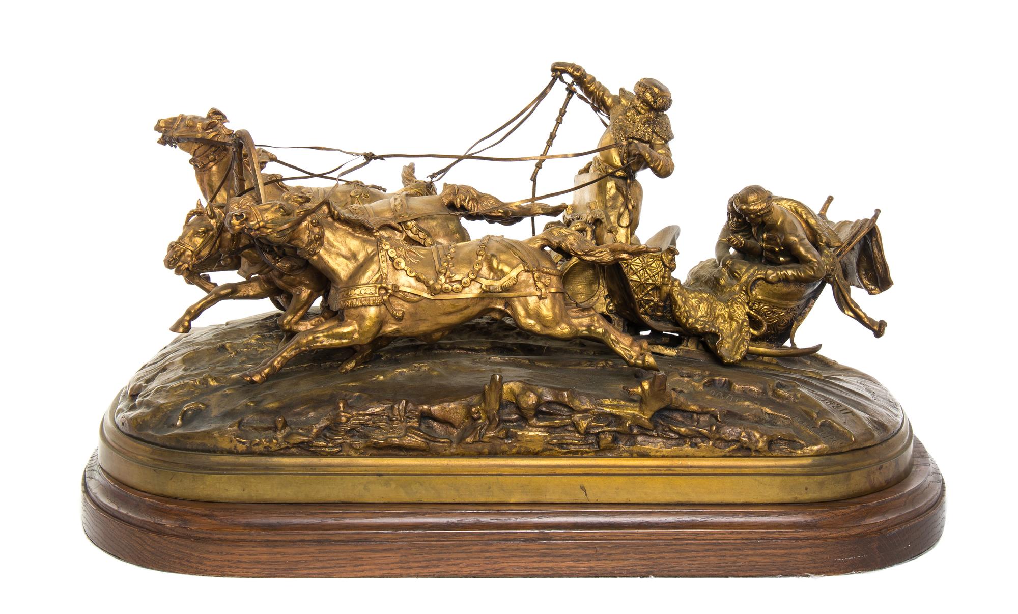 A Russian Gilt Bronze Figural Group, after Evgeny Aleksandrovich Lanceray, (1848-1886), Width 22 inches.