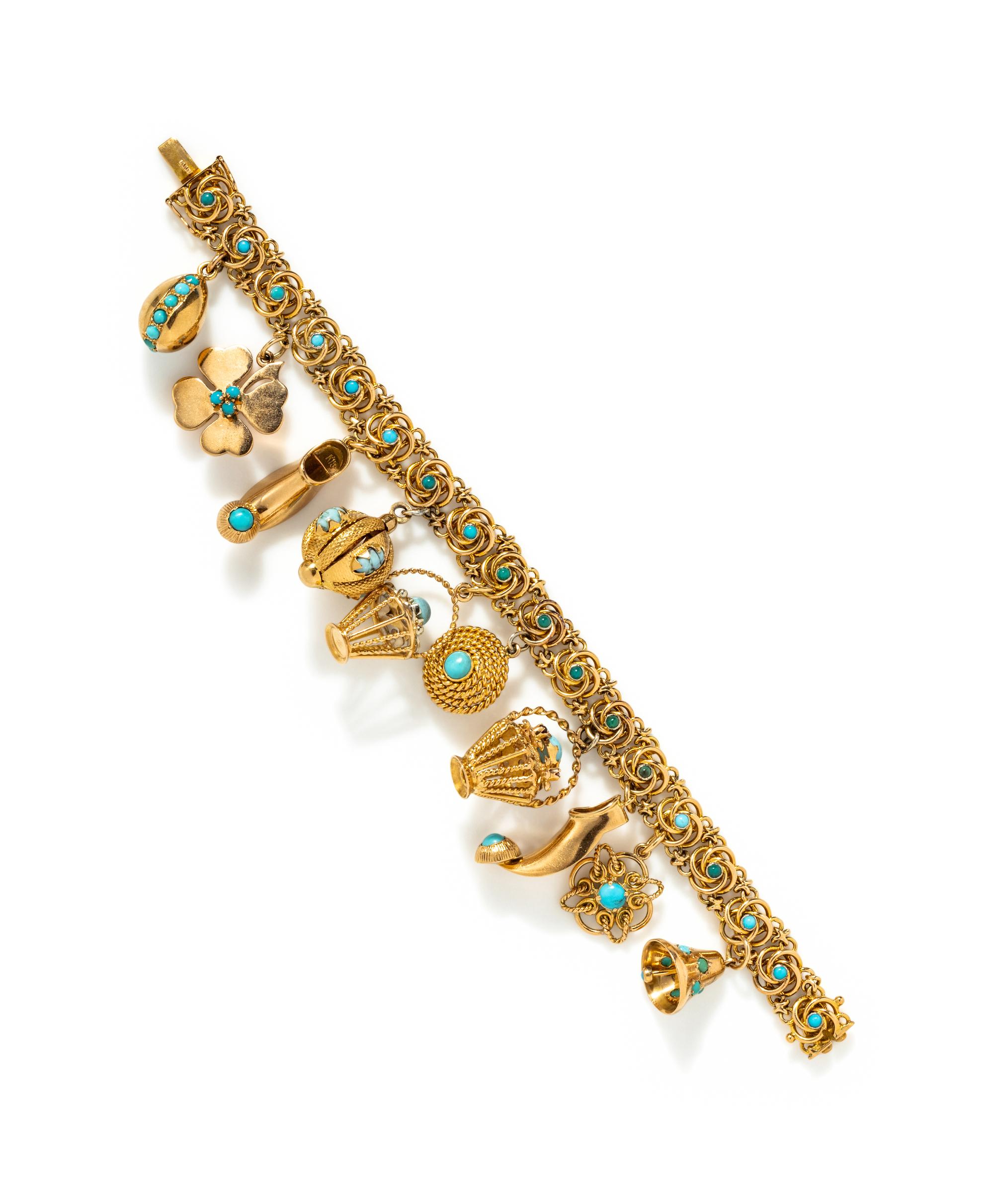 YELLOW GOLD AND TURQUOISE CHARM BRACELET