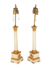 A Pair of Gilt Bronze Mounted White Marble Columnar Table Lamps