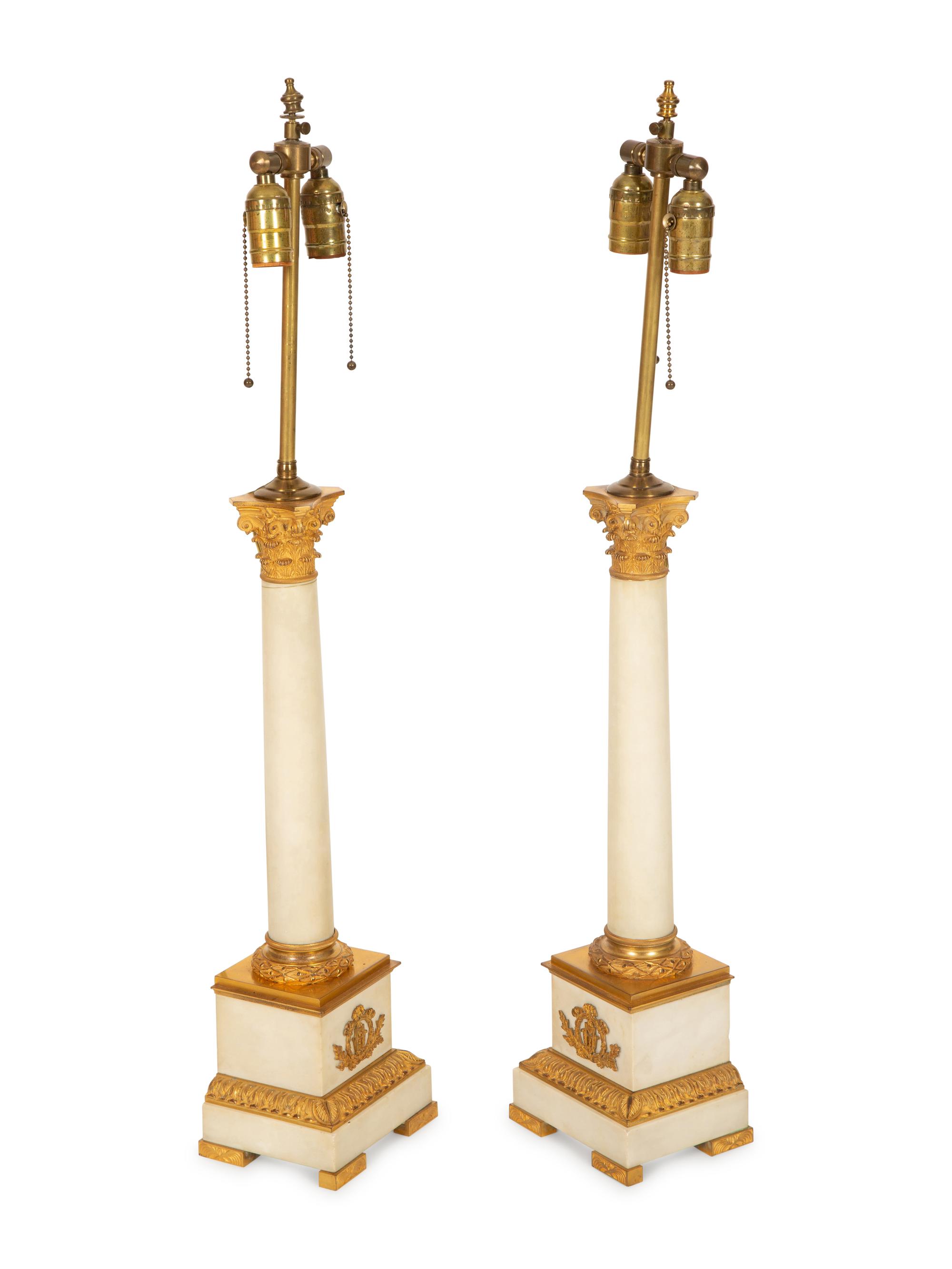 A Pair of Gilt Bronze Mounted White Marble Columnar Table Lamps