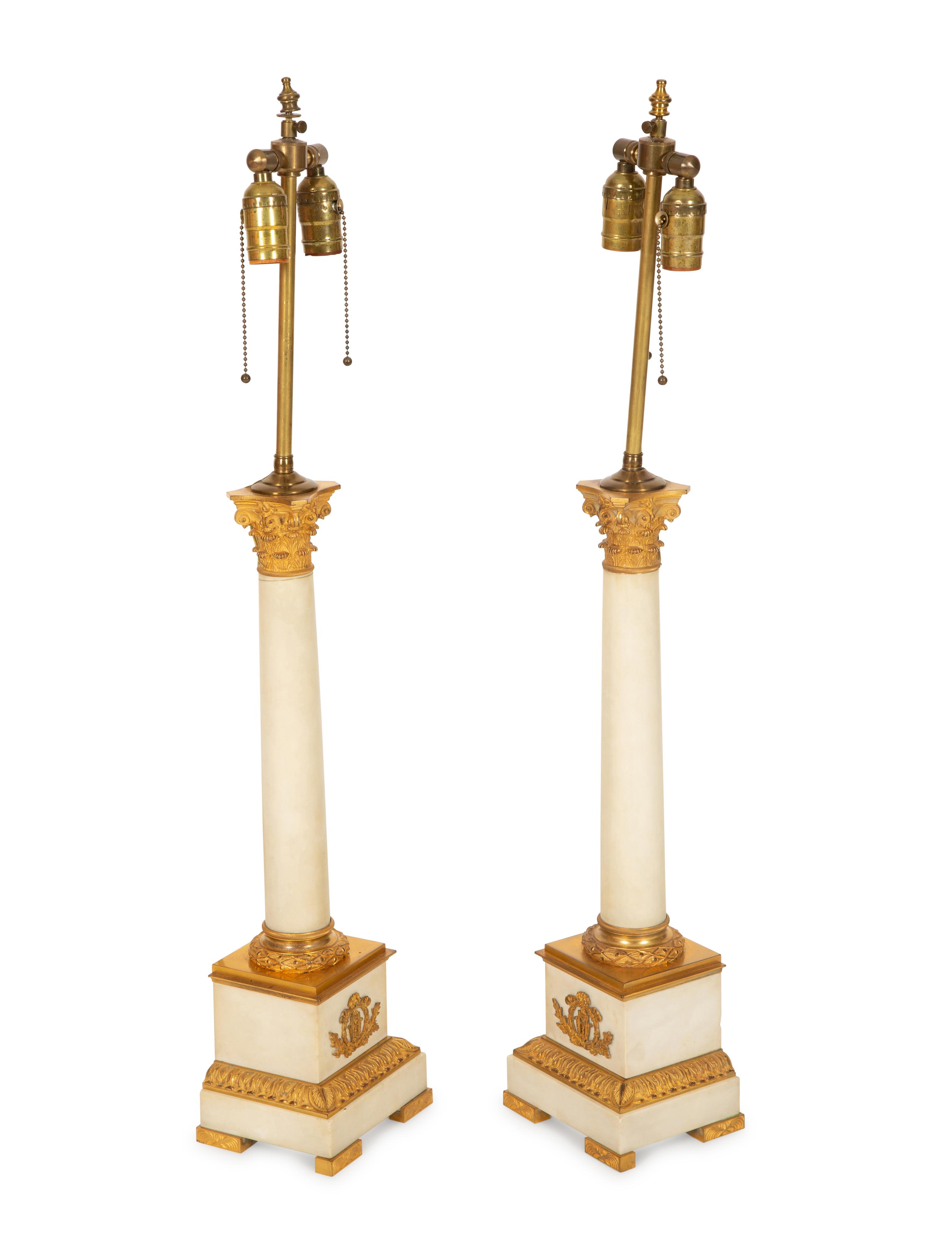 A Pair of Gilt Bronze Mounted White Marble Columnar Table Lamps
