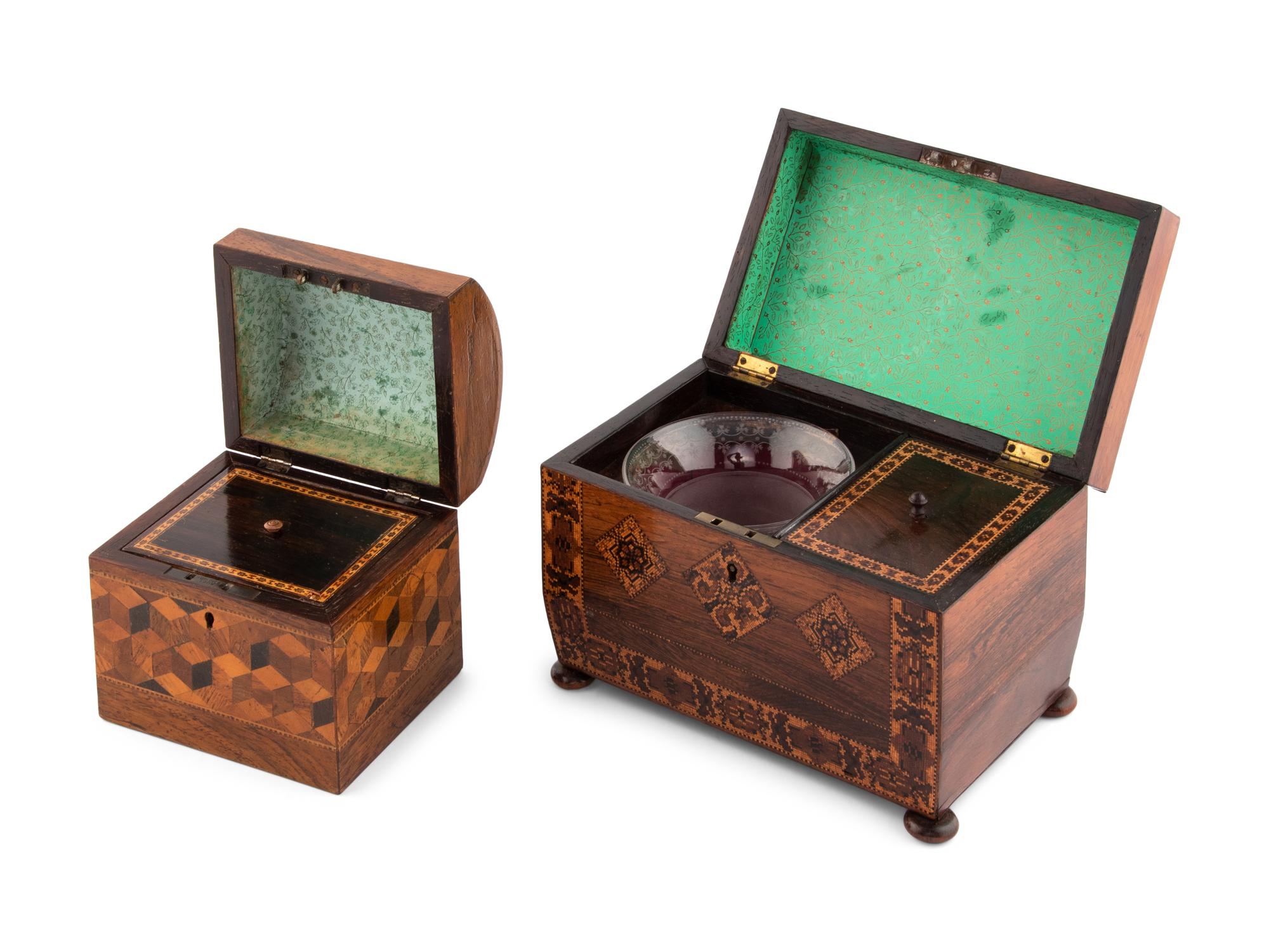 Two English Tunbridge Ware Tea Caddies