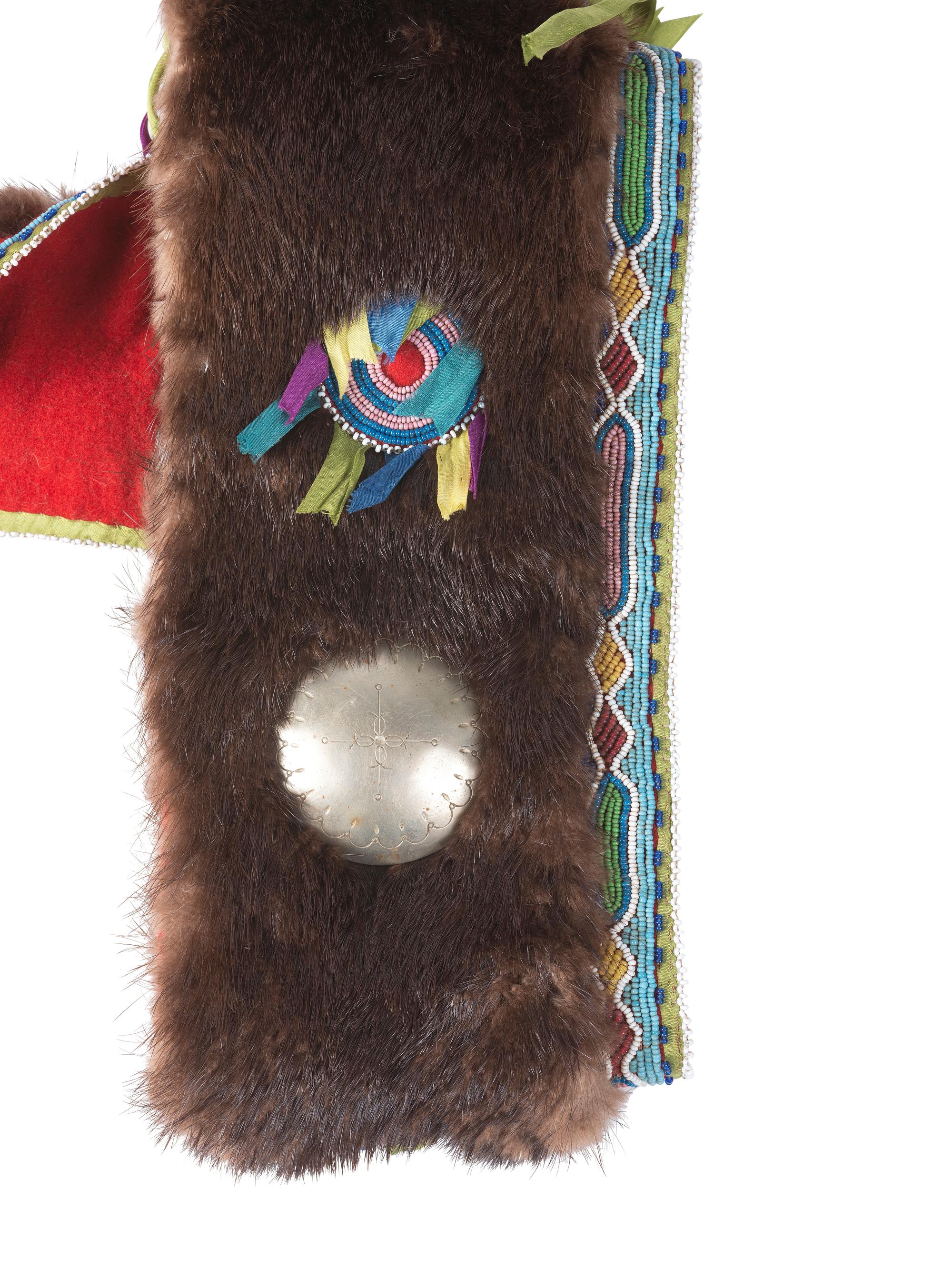 Osage Otter Fur Turban, with Beaded Rosettes and Rocker Engraved German Silver Concha