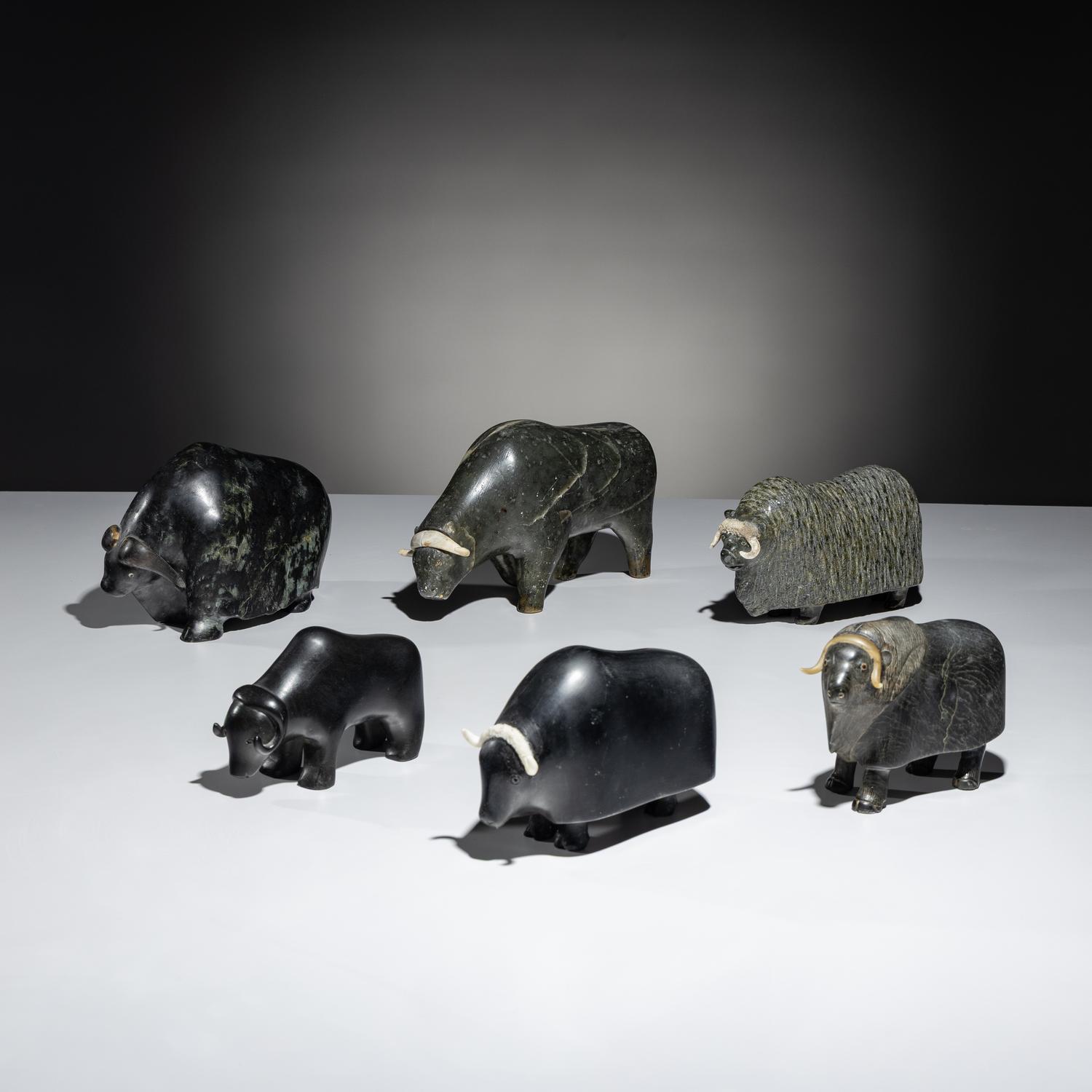 Inuit Carved Soapstone Muskoxen Herd