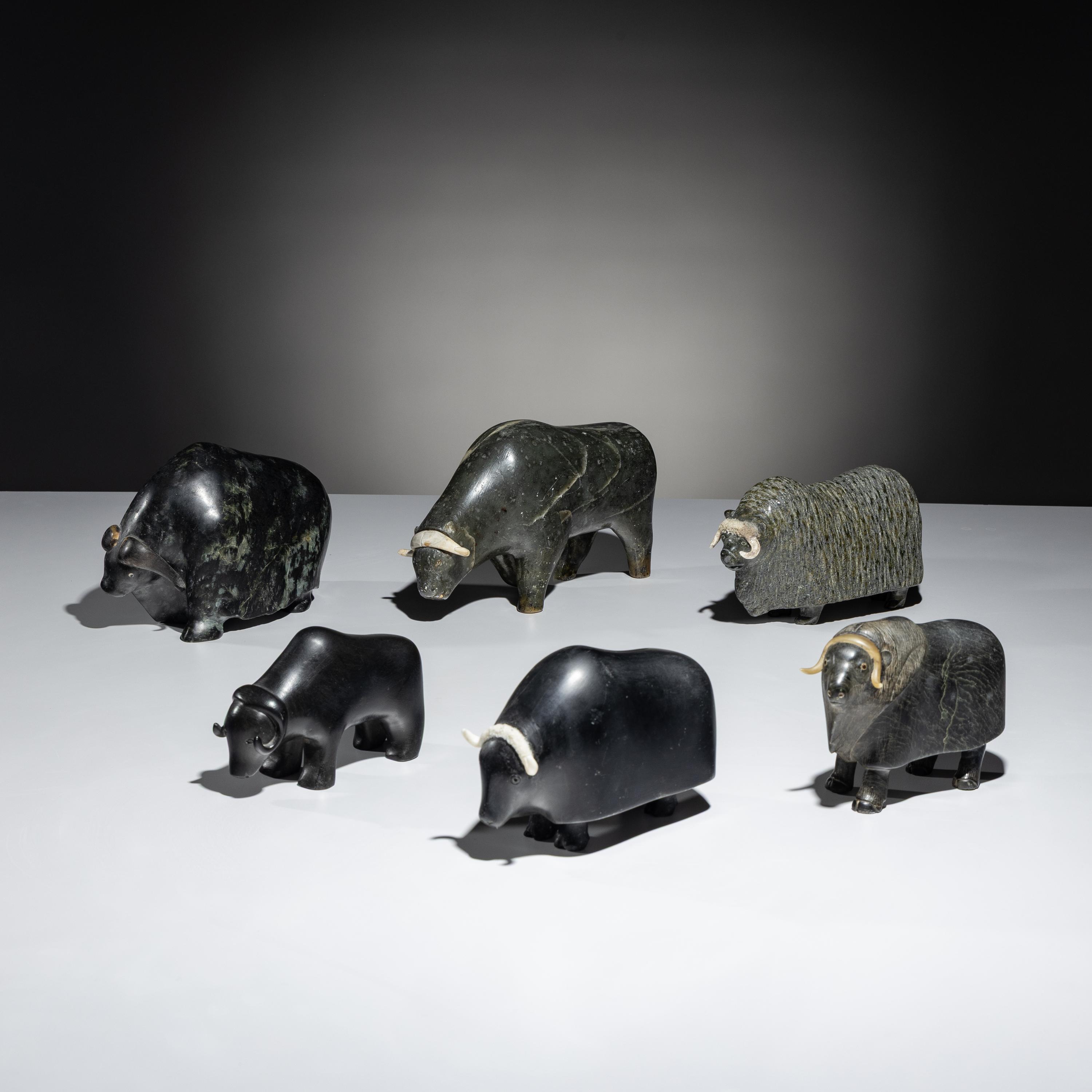 Inuit Carved Soapstone Muskoxen Herd
