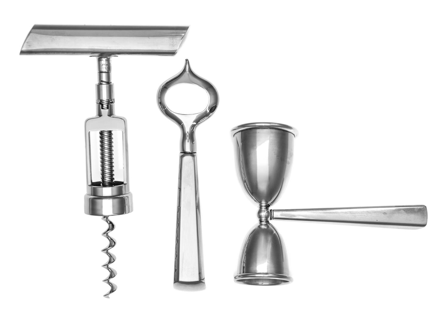 A Three-Piece Silver Mounted Cocktail Set, John Hasselbring, Brooklyn, NY, 20th Century, comprising a corkscrew, a bottle opener and a