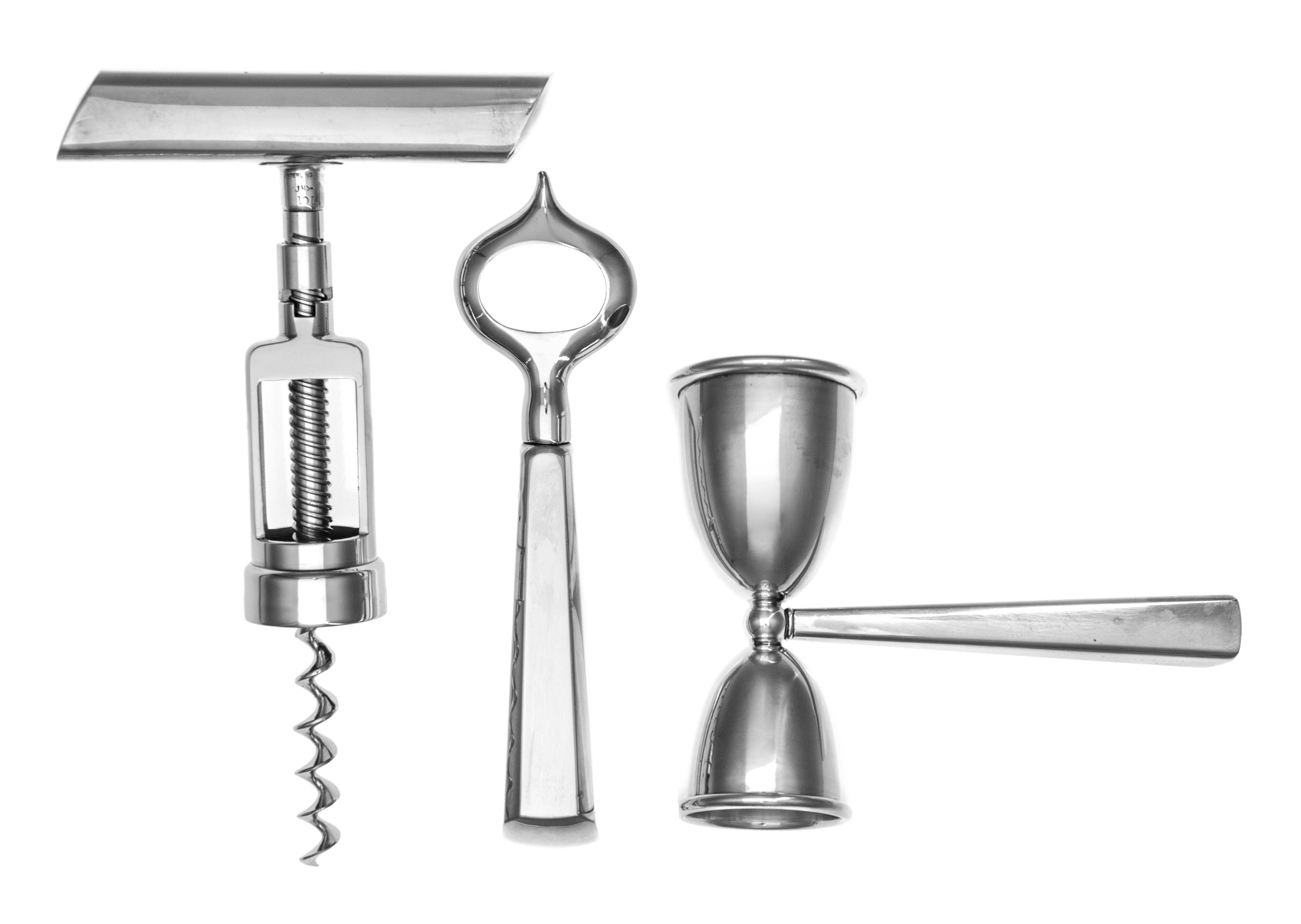 A Three-Piece Silver Mounted Cocktail Set, John Hasselbring, Brooklyn, NY, 20th Century, comprising a corkscrew, a bottle opener and a