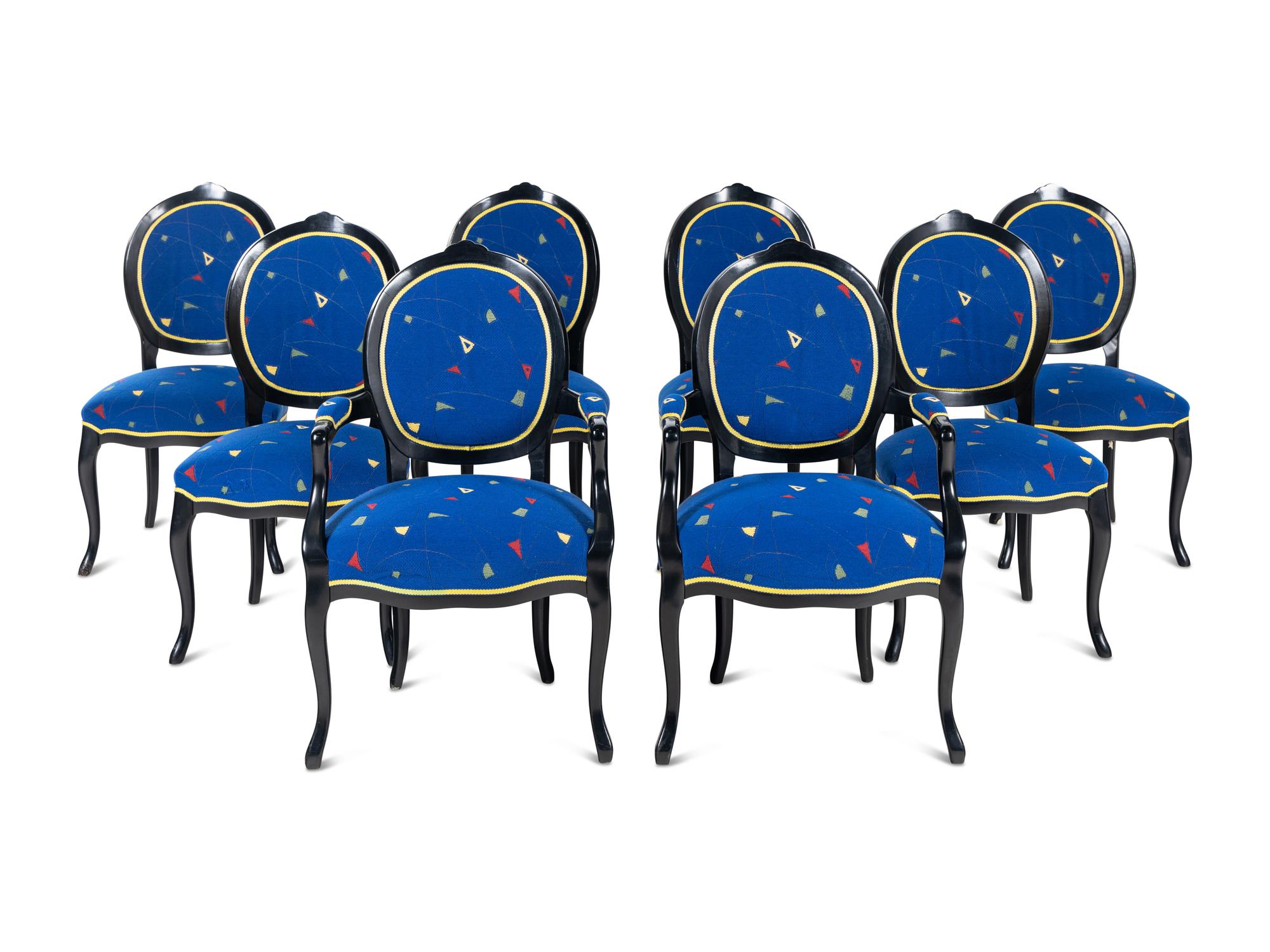 A Set of Eight Louis XV Style Ebonized Dining Chairs