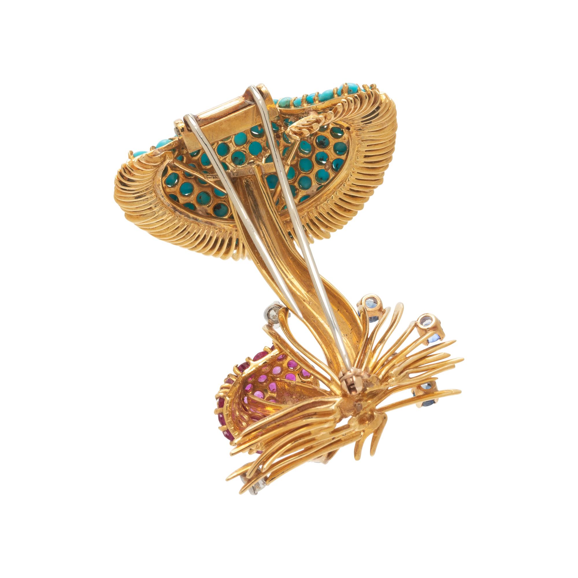 MULTIGEM AND DIAMOND MUSHROOM BROOCH